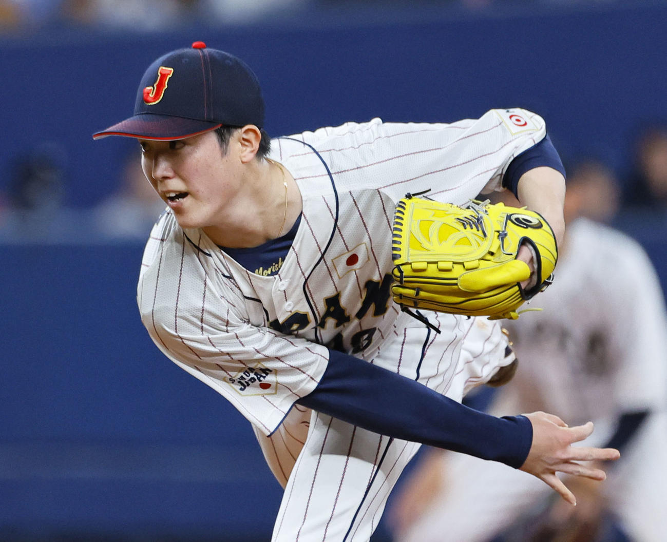 日本対欧州　日本3番手で登板する森下（撮影・藤尾明華）