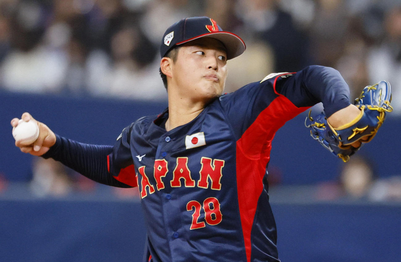 欧州対日本　3回、2番手で登板した日本中村（撮影・藤尾明華）