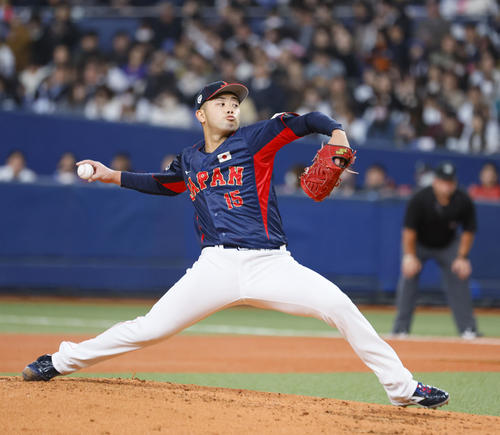 欧州対日本 4回、3番手で登板した松山(撮影・藤尾明華)