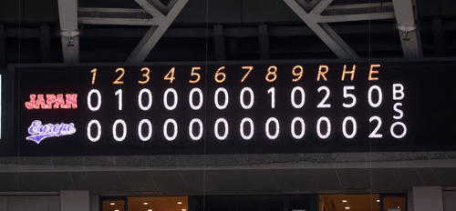 欧州対日本 継投による完全試合のスコア(撮影・加藤哉)