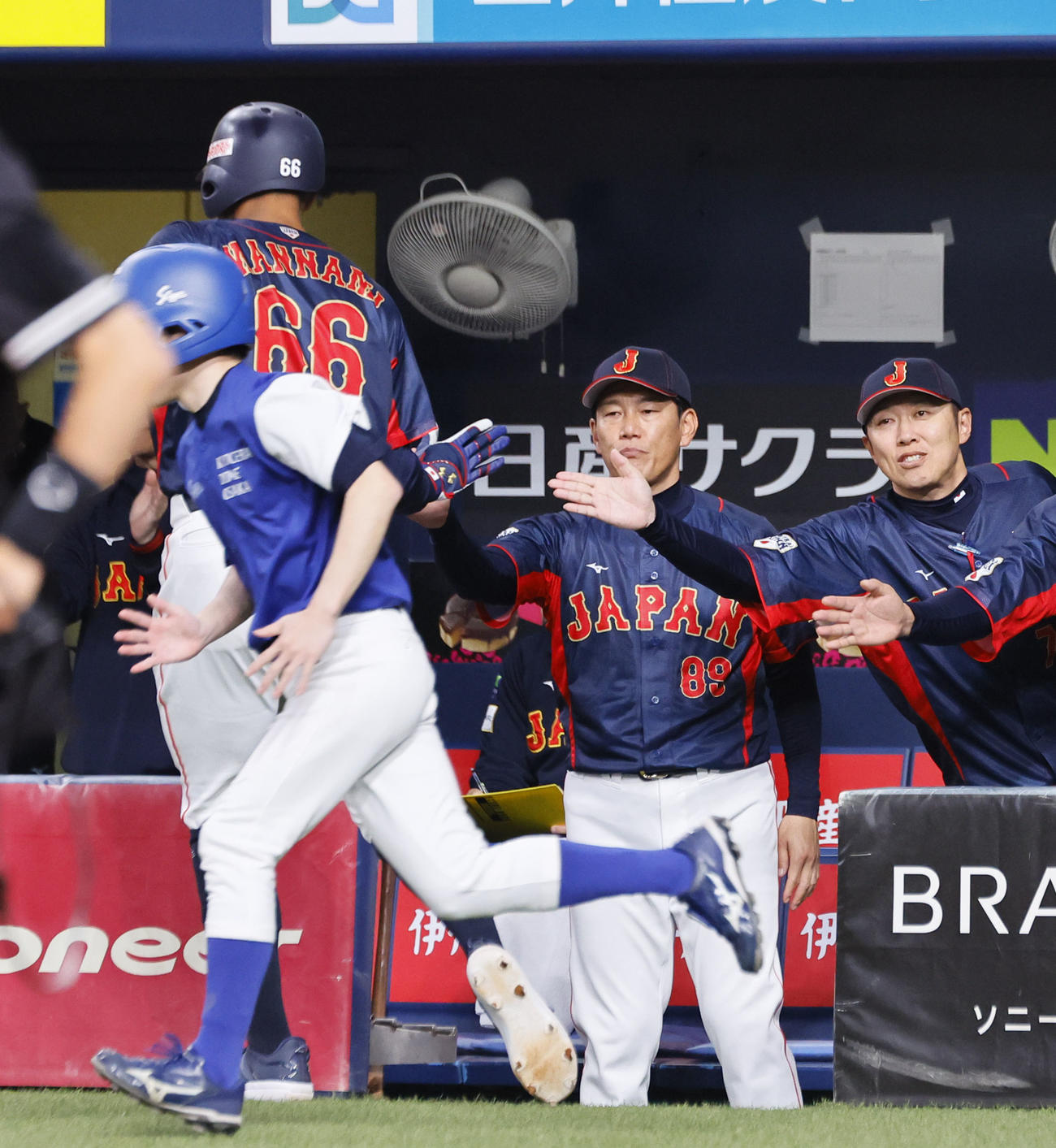 欧州対日本　8回表日本2死一、二塁、紅林の遊ゴロで相手失策の間に生還した万波を出迎える井端監督（中央）（撮影・藤尾明華）