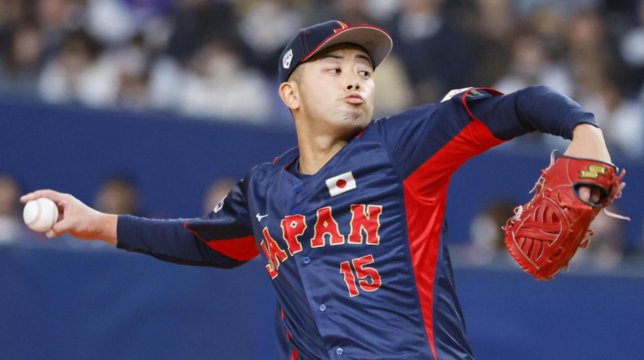 欧州対日本　4回、日本3番手で登板した松山（撮影・藤尾明華）