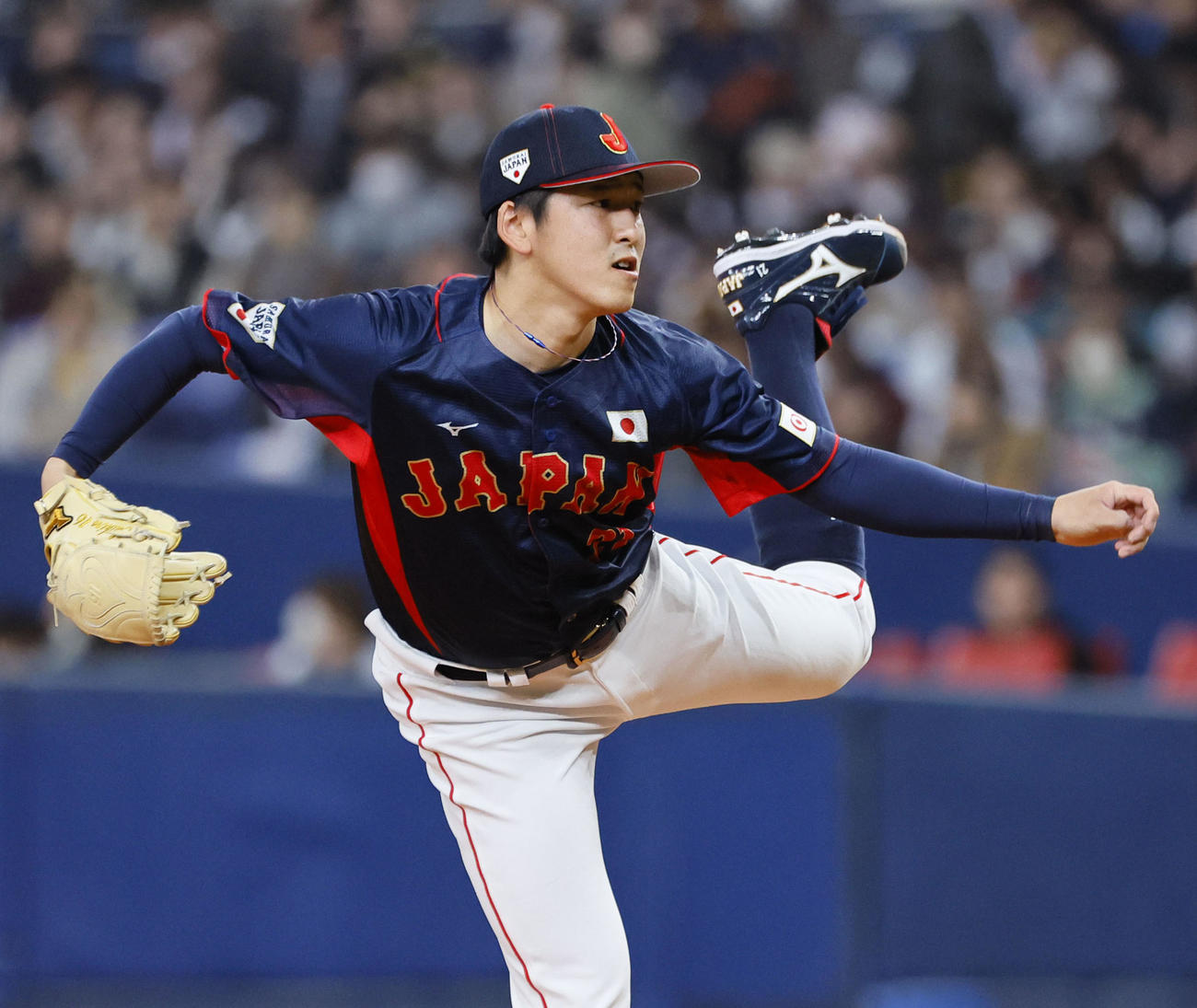 欧州対日本　6回、日本5番手で登板した隅田（撮影・藤尾明華）