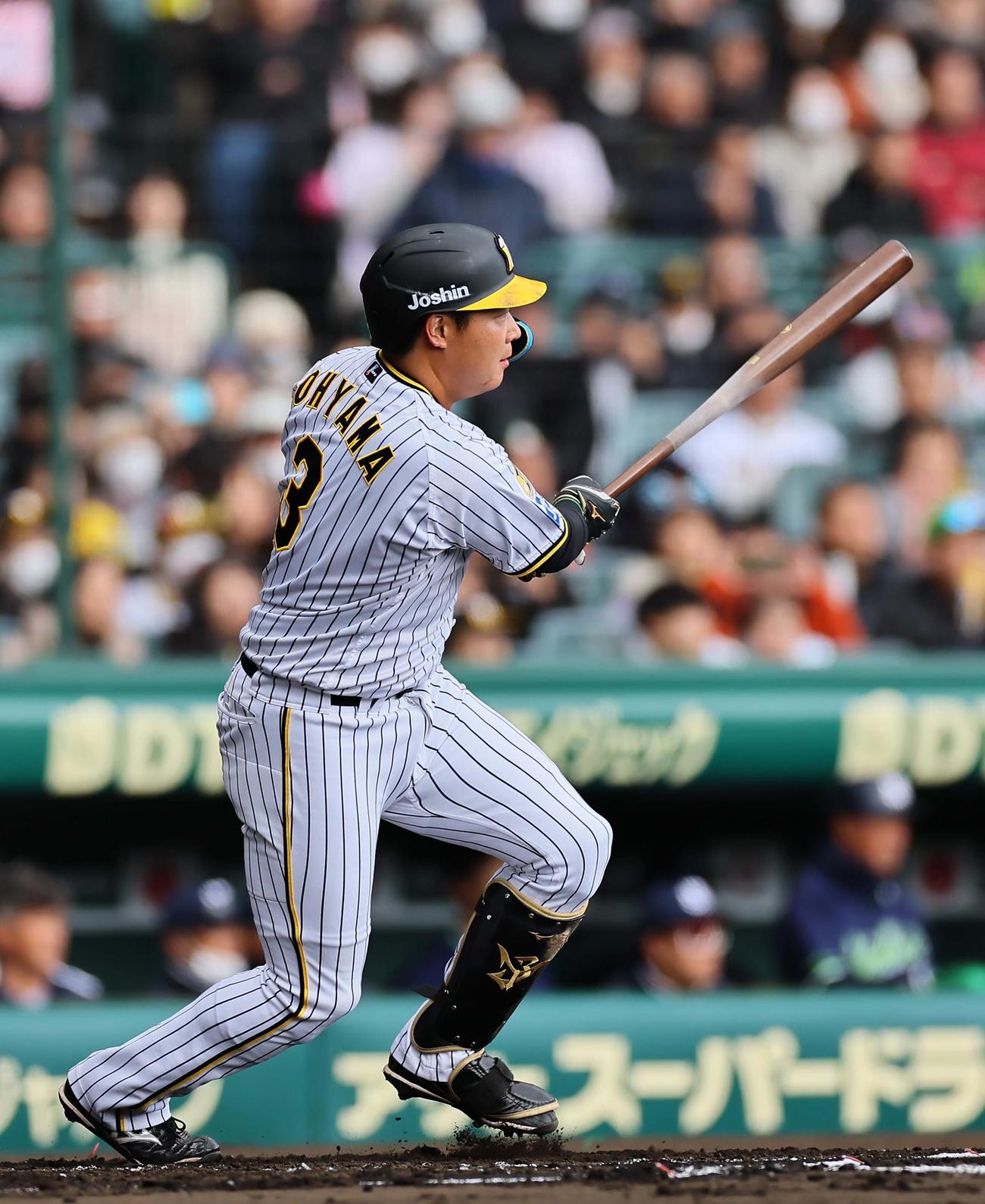 阪神対ヤクルト　1回裏阪神1死二、三塁、大山は左前に先制適時打を放つ（撮影・上田博志）