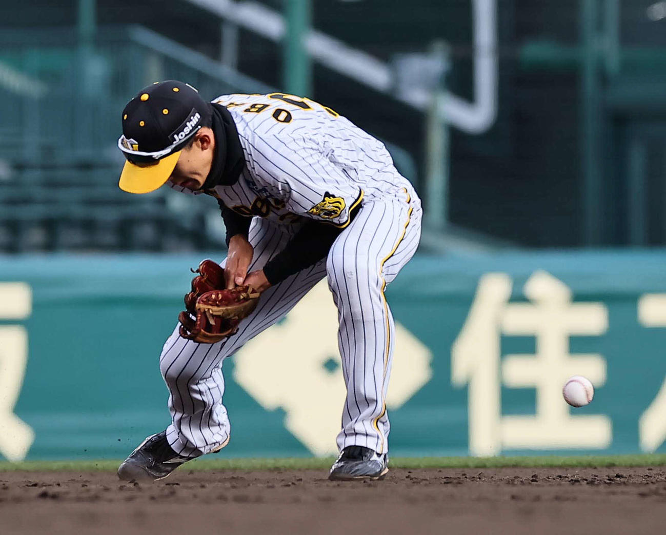 阪神対ヤクルト　8回表ヤクルト2死一、二塁、小幡は北村恵の打球を後逸（撮影・上田博志）