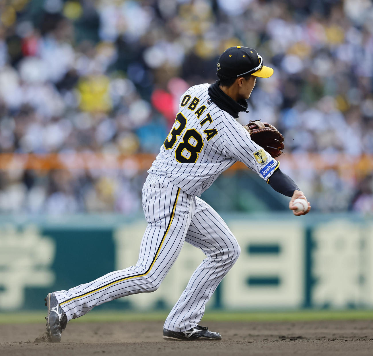 阪神対ヤクルト　8回表ヤクルト2死満塁、西田の遊ゴロで二塁へ悪送球する阪神小幡（撮影・藤尾明華）