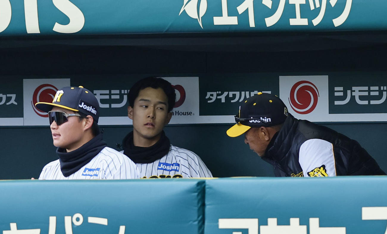 阪神対ヤクルト　8回を終えベンチで馬場内野守備走塁コーチ（右）と話をする阪神小幡（中央）。左は森下（撮影・藤尾明華）