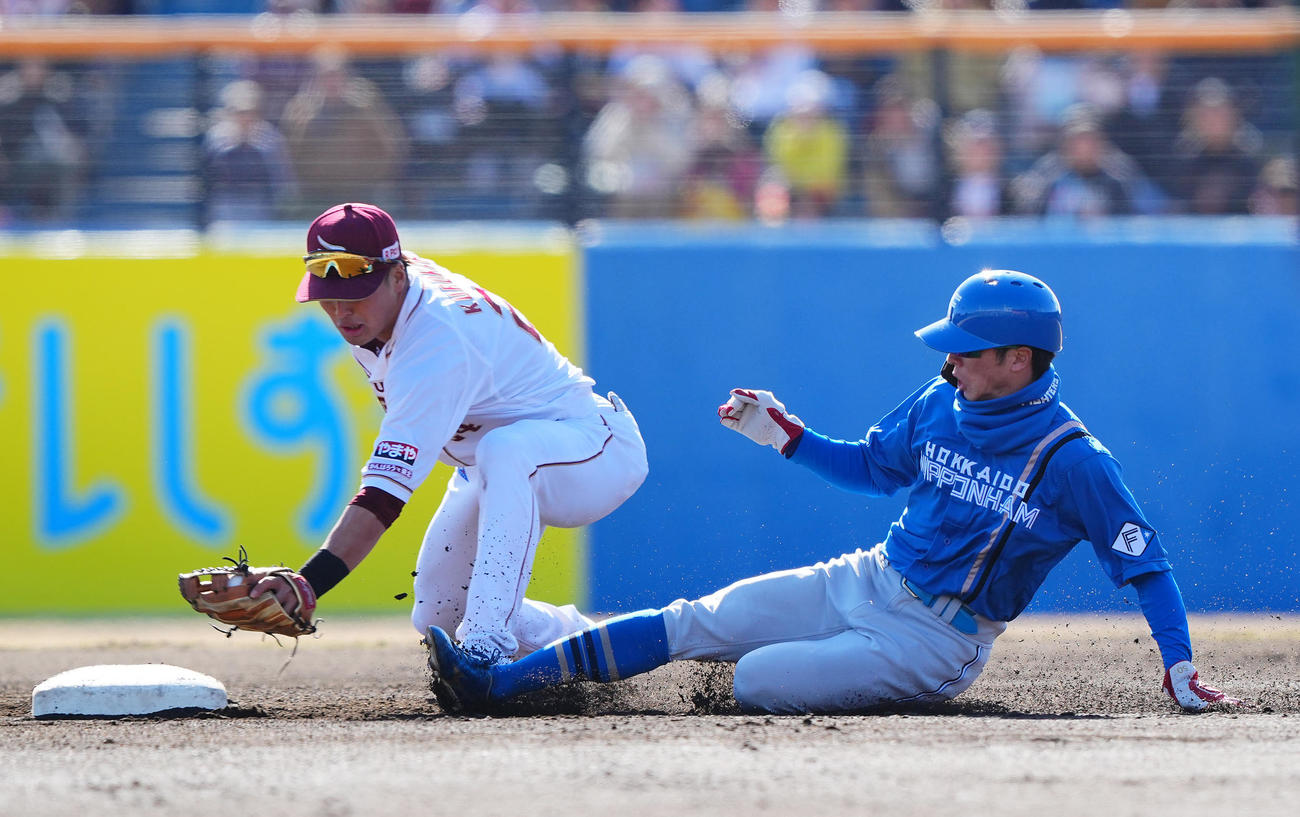 楽天対日本ハム　6回表日本ハム1死一塁、野村の飛球でタッチアップする一塁代走五十幡（右）。二塁手黒川（撮影・垰建太）