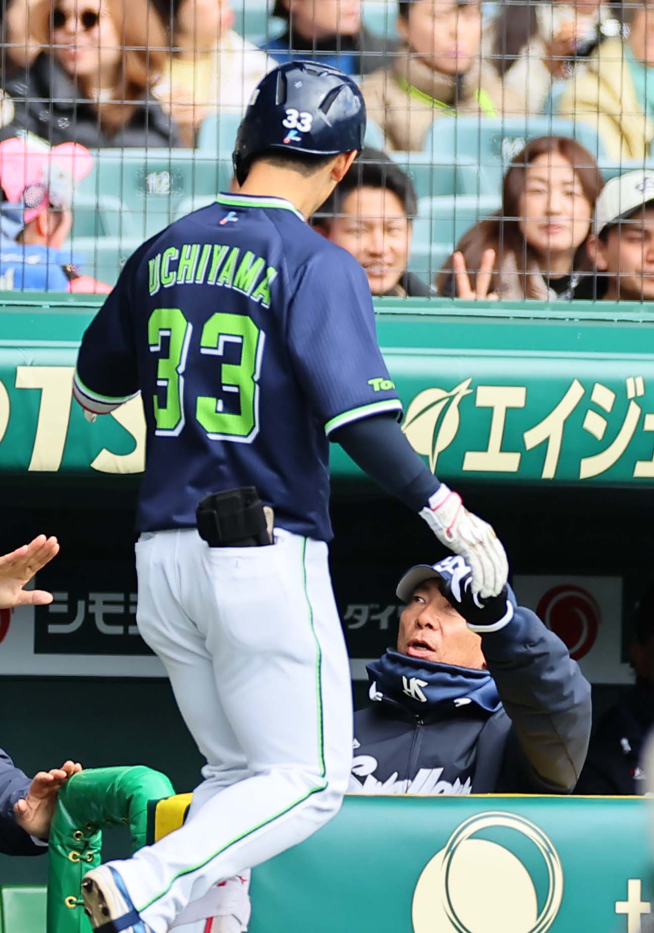 阪神対ヤクルト　2回表ヤクルト1死、左越えソロ本塁打を放った内山（左）をハイタッチで出迎える高津監督（撮影・上田博志）