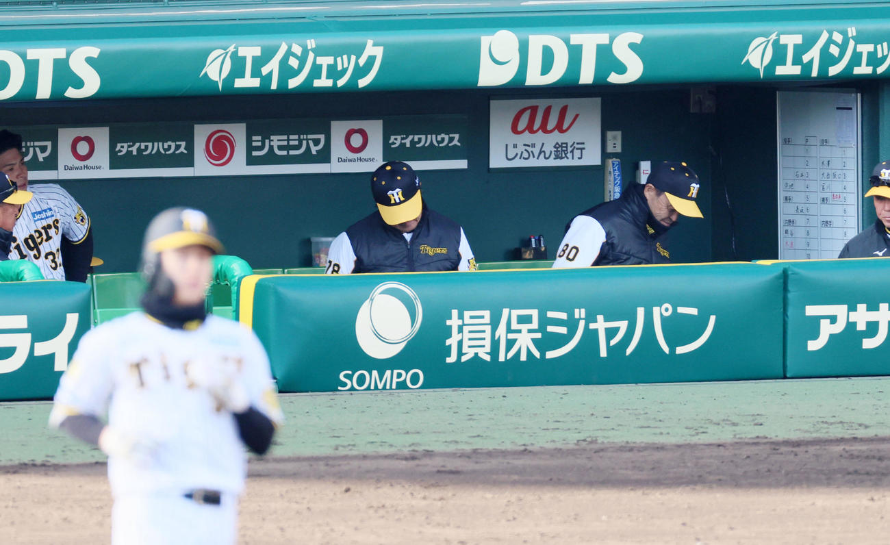 阪神対ヤクルト　9回裏阪神2死一塁、岡田監督は小幡の中飛で試合終了となりベンチ裏へ引き揚げる（撮影・加藤哉）
