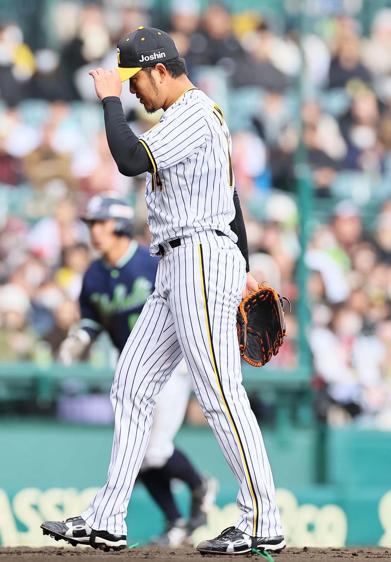 阪神対ヤクルト　7回表ヤクルト無死満塁、浜田に死球を与えた岩貞は増田の生還を許す（撮影・上田博志）