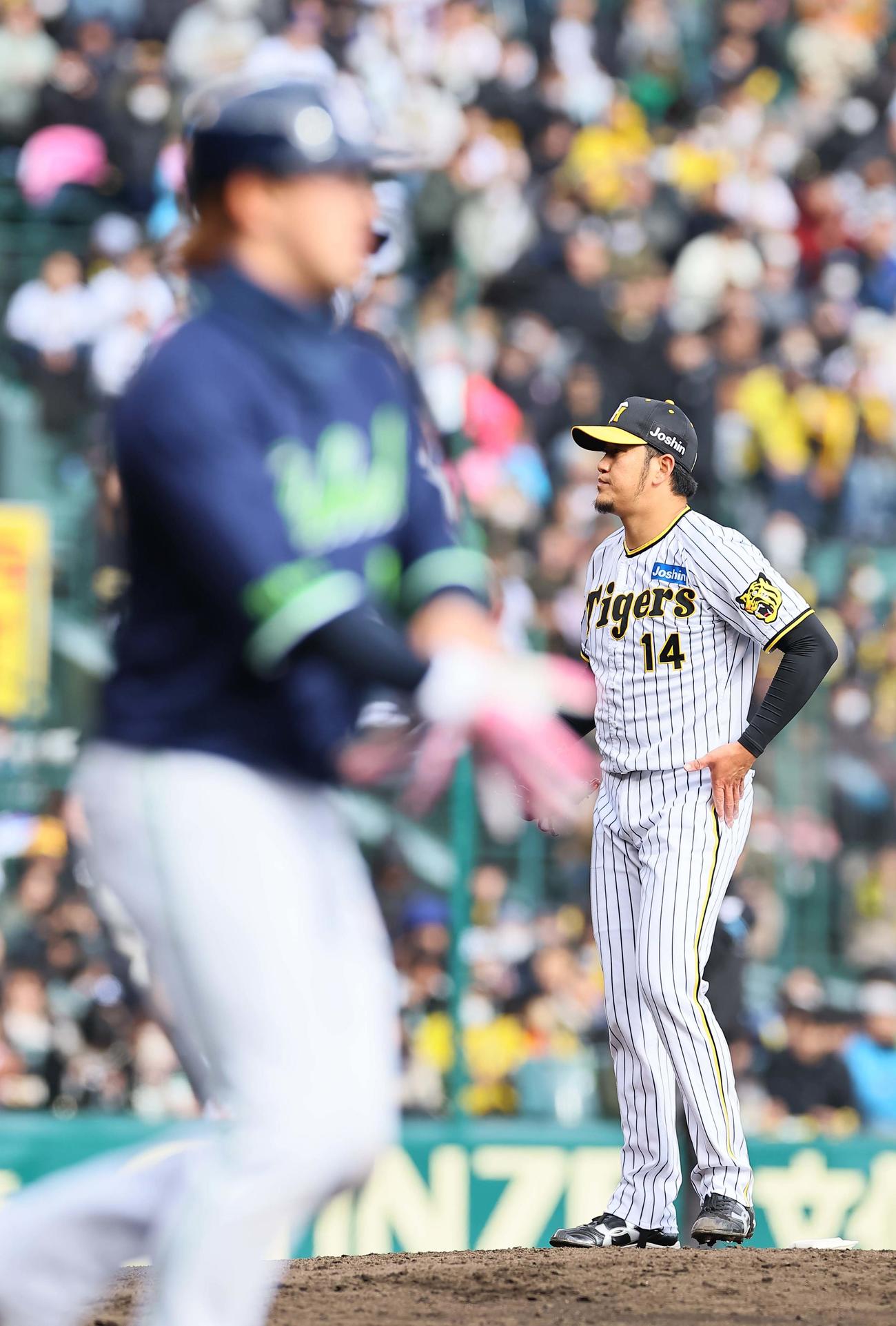 阪神対ヤクルト　7回表ヤクルト無死満塁、浜田に死球を与えた岩貞は勝ち越しを許す（撮影・上田博志）