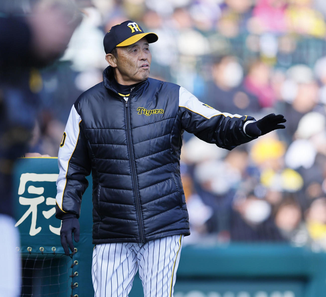 阪神対巨人　8回、交代を告げた阪神岡田監督（撮影・藤尾明華）