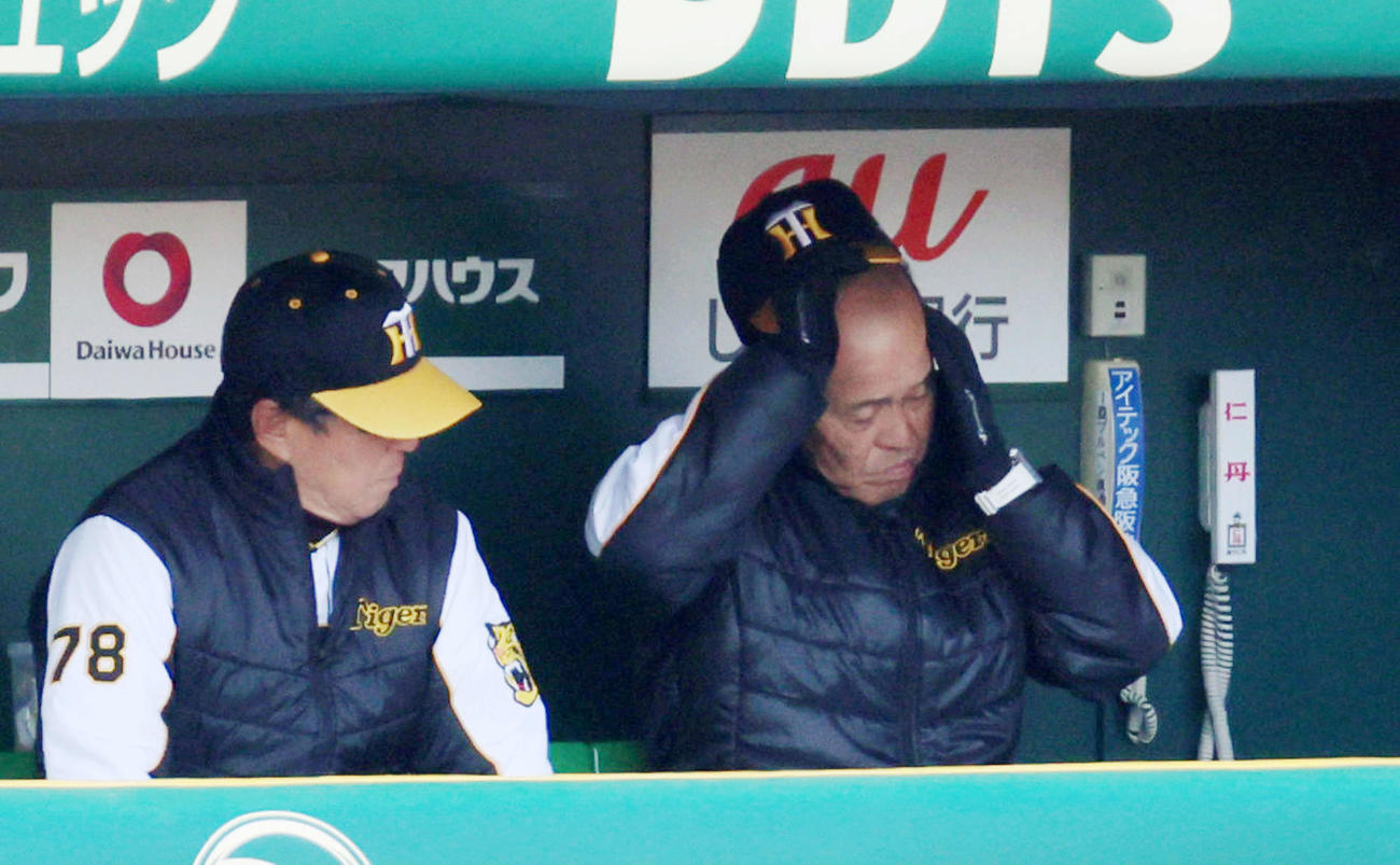 阪神対巨人　8回表を終えベンチで帽子を取る岡田監督（右）と左は平田ヘッドコーチ（撮影・加藤哉）