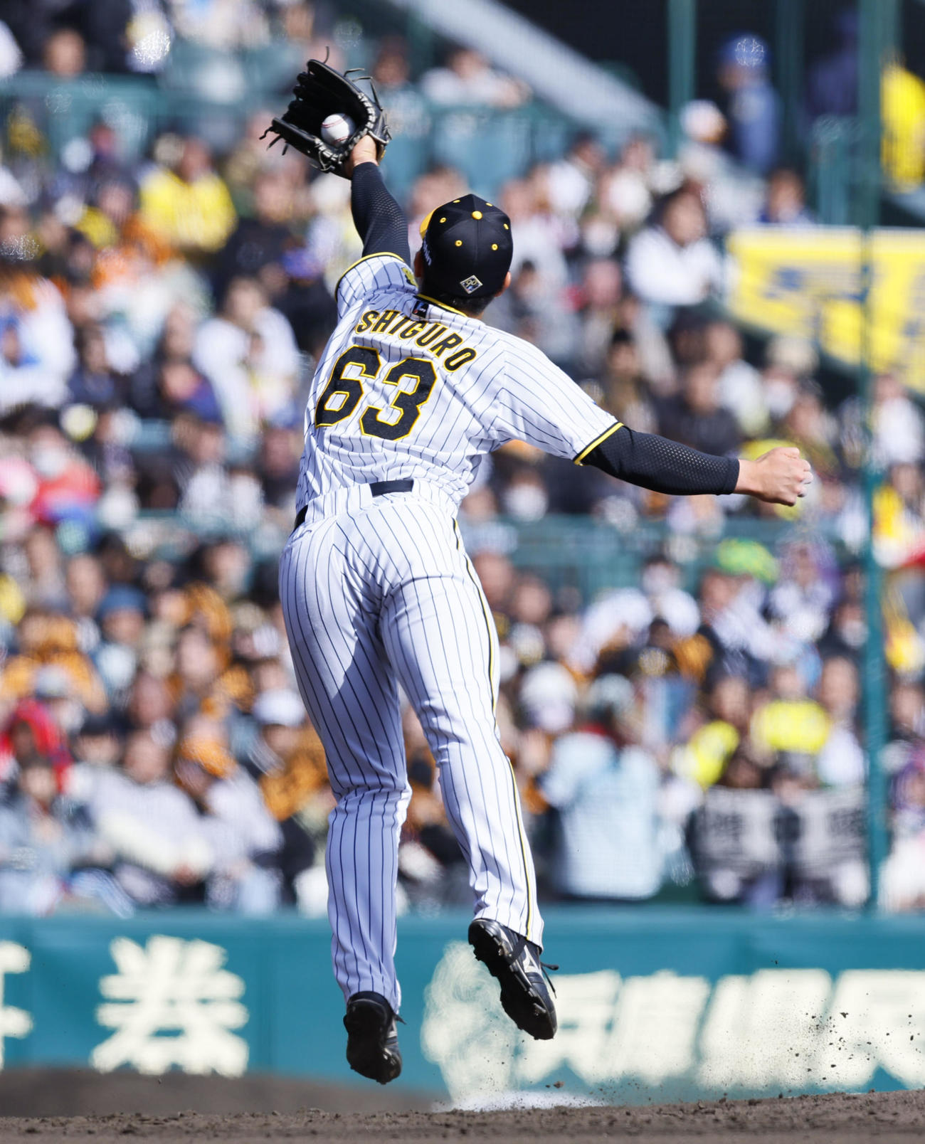 阪神対巨人　6回表巨人1死、増田陸の投ゴロに飛びつく阪神石黒（撮影・藤尾明華）