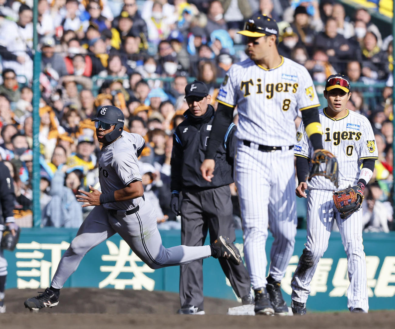 阪神対巨人　8回表巨人2死一塁、佐々木俊輔の三ゴロで、阪神佐藤輝（右から2人目）の悪送球の間に一気にホームを狙う一走オコエ（左端）（撮影・藤尾明華）