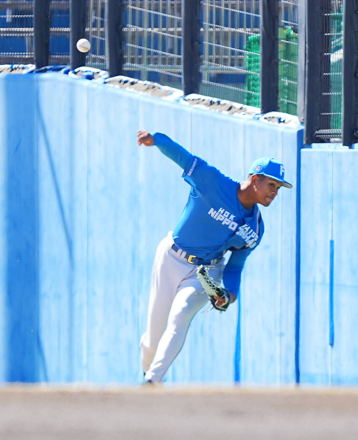 楽天対日本ハム　1回裏楽天無死二塁、小深田の適時打を捕球した万波。好送球で二塁を狙った小深田を刺す（撮影・垰建太）
