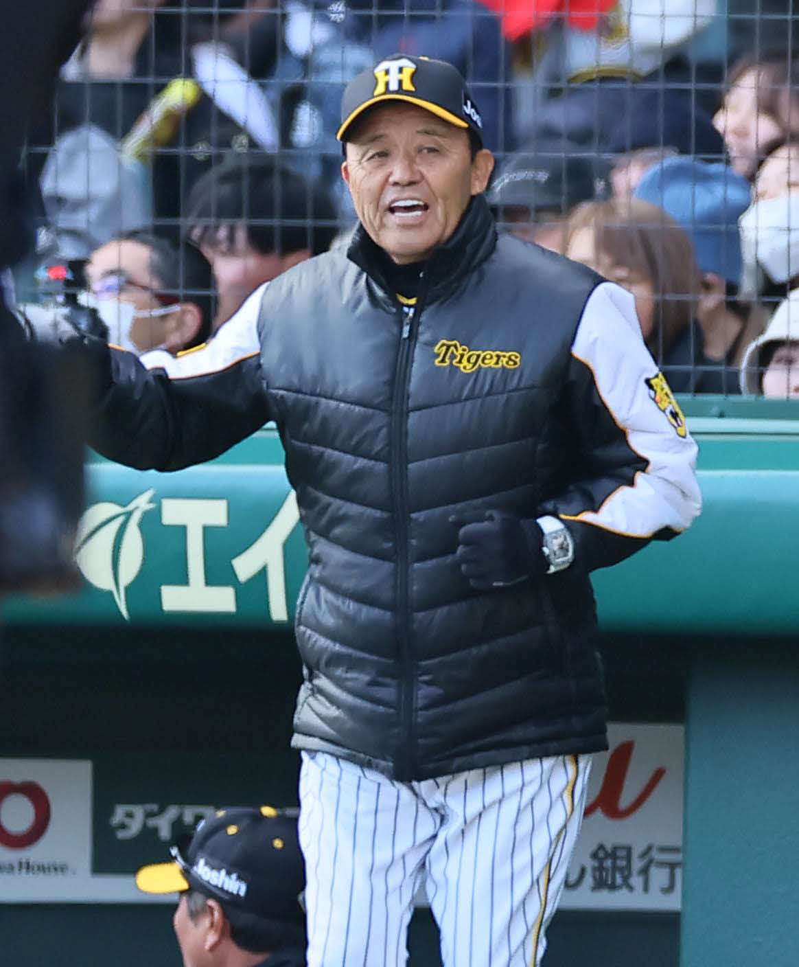 阪神対巨人　選手交代を告げる岡田監督（撮影・上田博志）