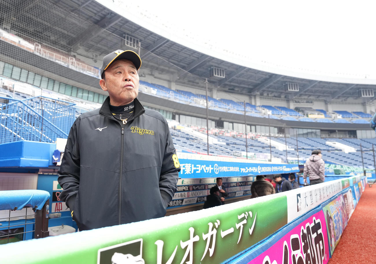 試合が中止になり、球場の様子をうかがう阪神岡田監督（撮影・鈴木みどり）