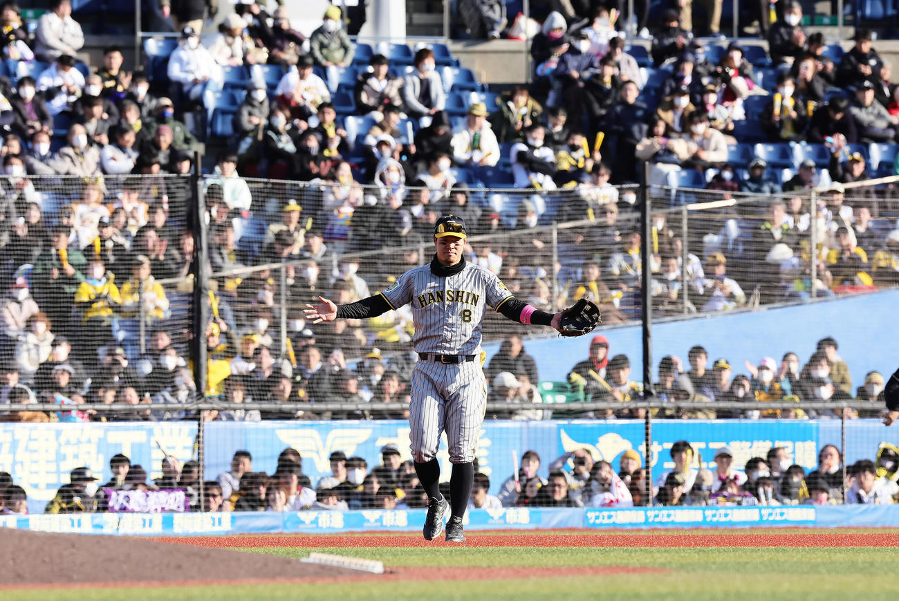ロッテ対阪神　9回に適時打を放った阪神佐藤輝は守備につきスタンドの声援に応える（撮影・足立雅史）