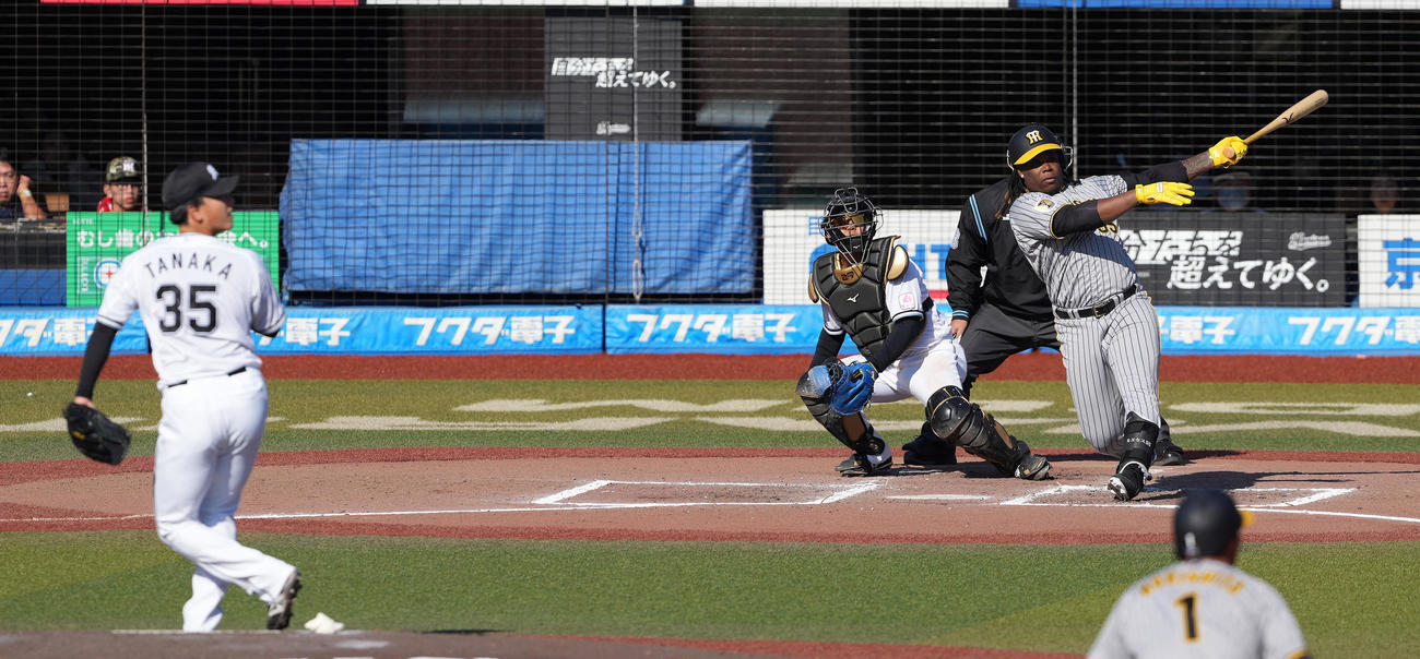 ロッテ対阪神　7回表阪神無死二塁、左適時打を放つミエセス。投手田中晴（撮影・鈴木みどり）