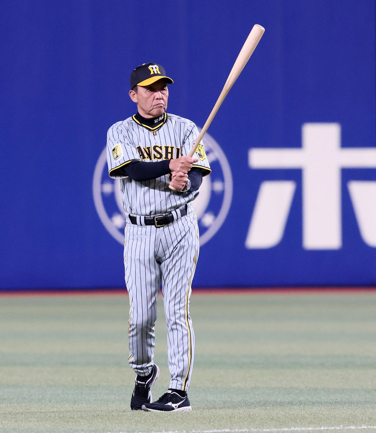 バットを手に場内を見渡す岡田監督（撮影・加藤哉）