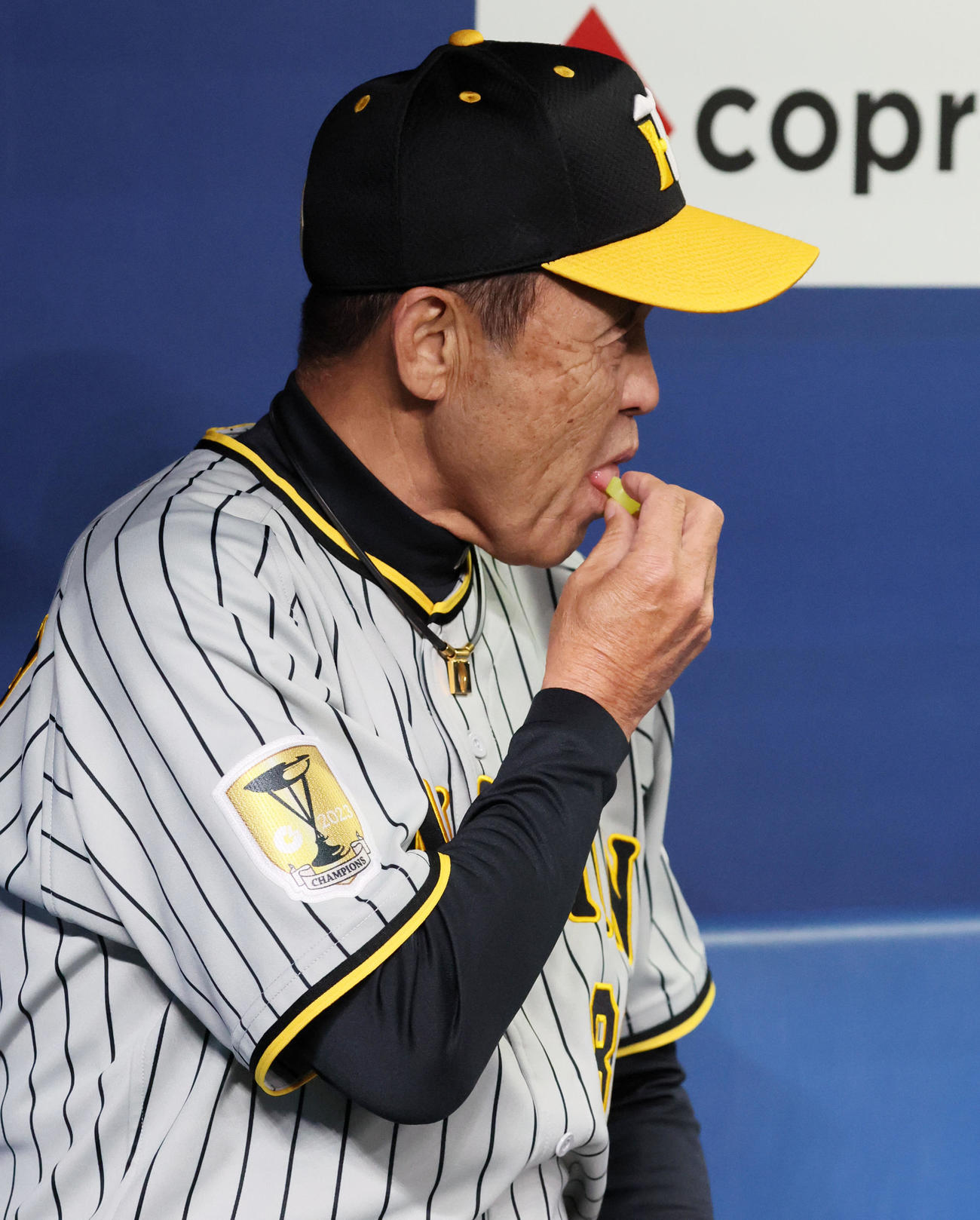 パインあめを口へ運ぶ岡田監督（撮影・加藤哉）