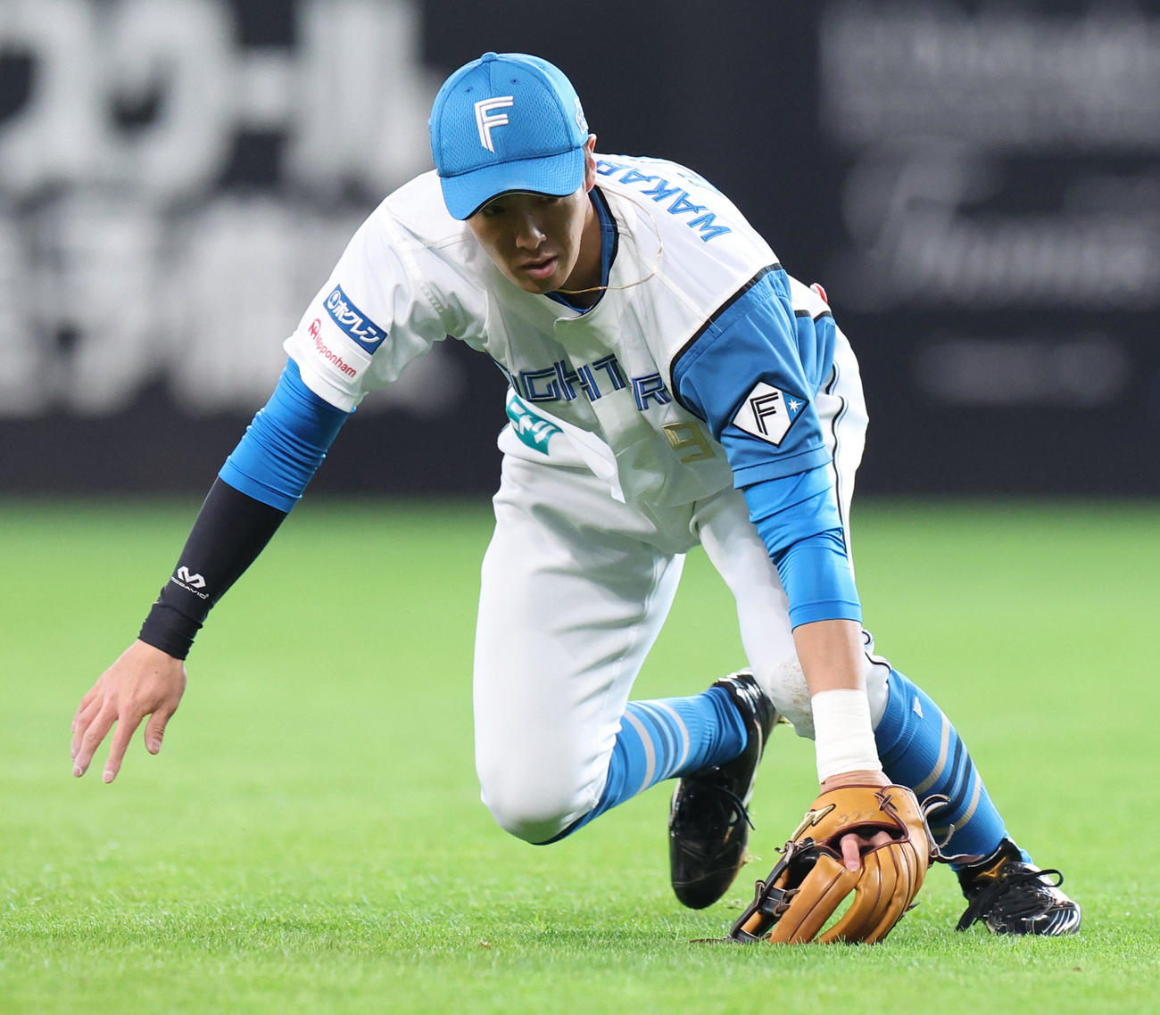日本ハム対巨人　1回表巨人2死、丸の打球をファンブルする若林（撮影・佐藤翔太）