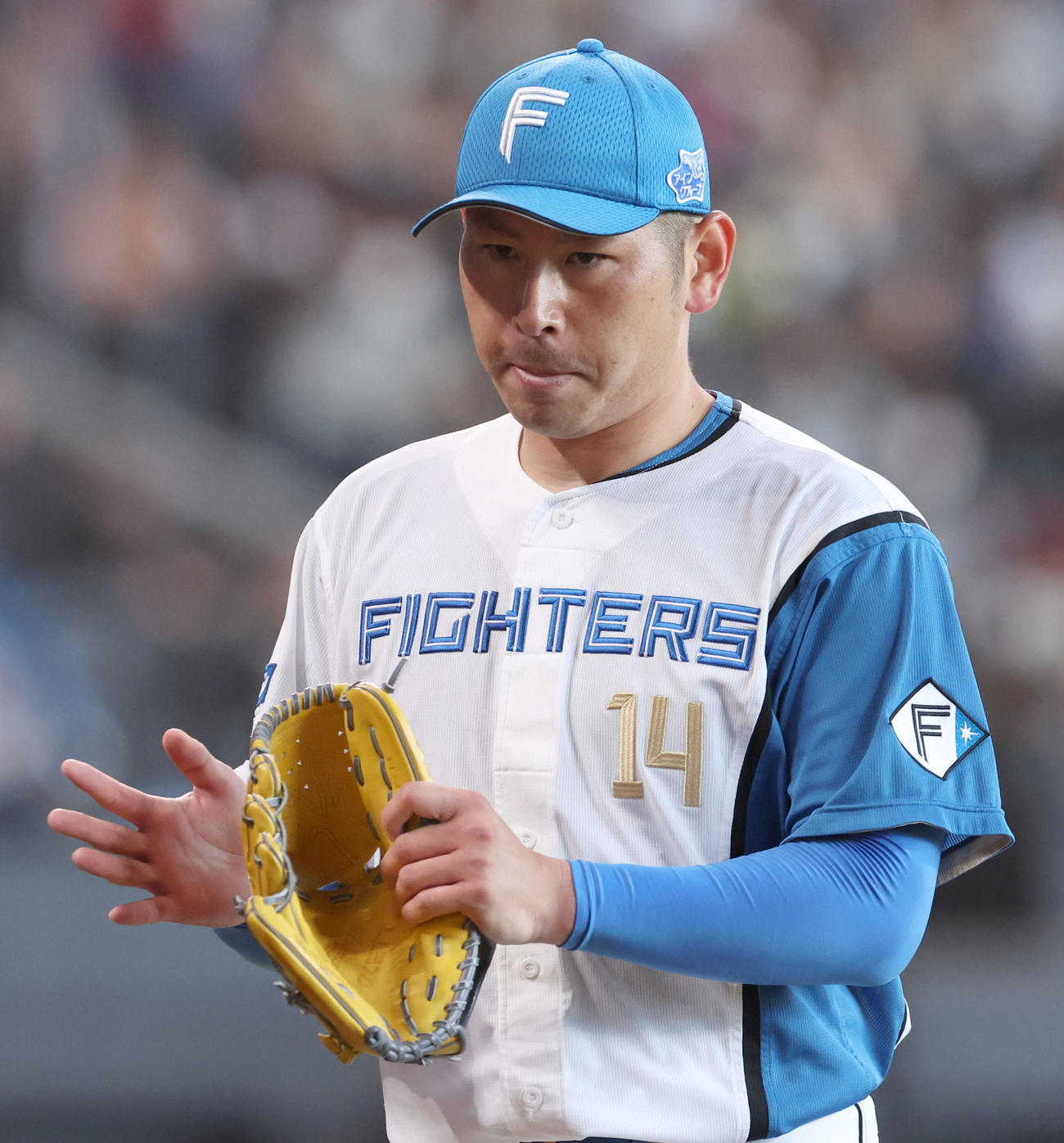 日本ハム対巨人　5回表を無失点に抑えグラブをたたきながらベンチに戻る加藤貴（撮影・佐藤翔太）