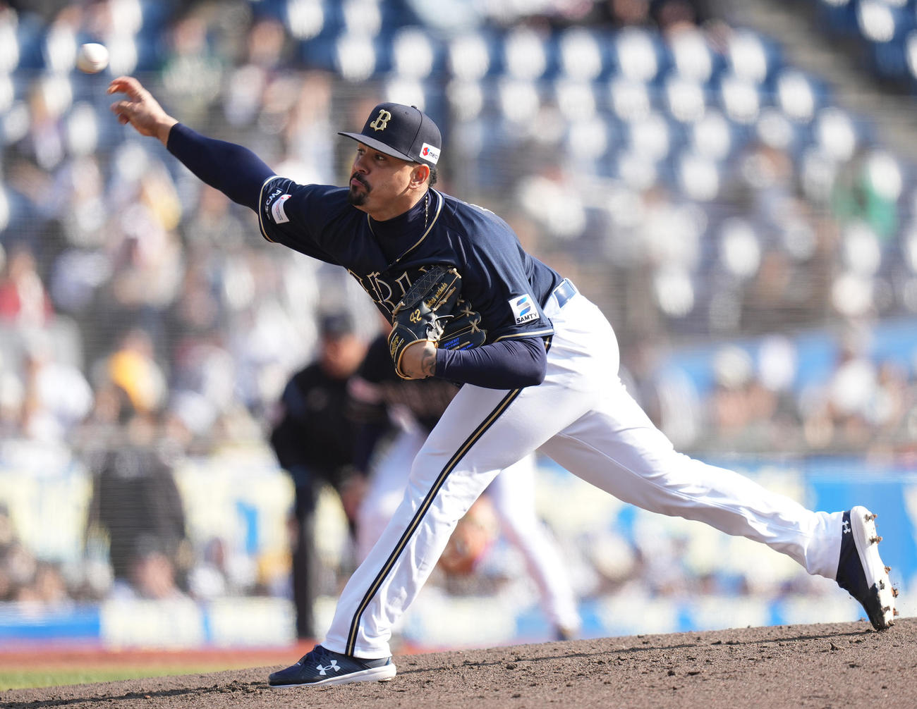 ロッテ対オリックス　7回裏途中から3番手で登板したオリックス・マチャド（撮影・鈴木みどり）