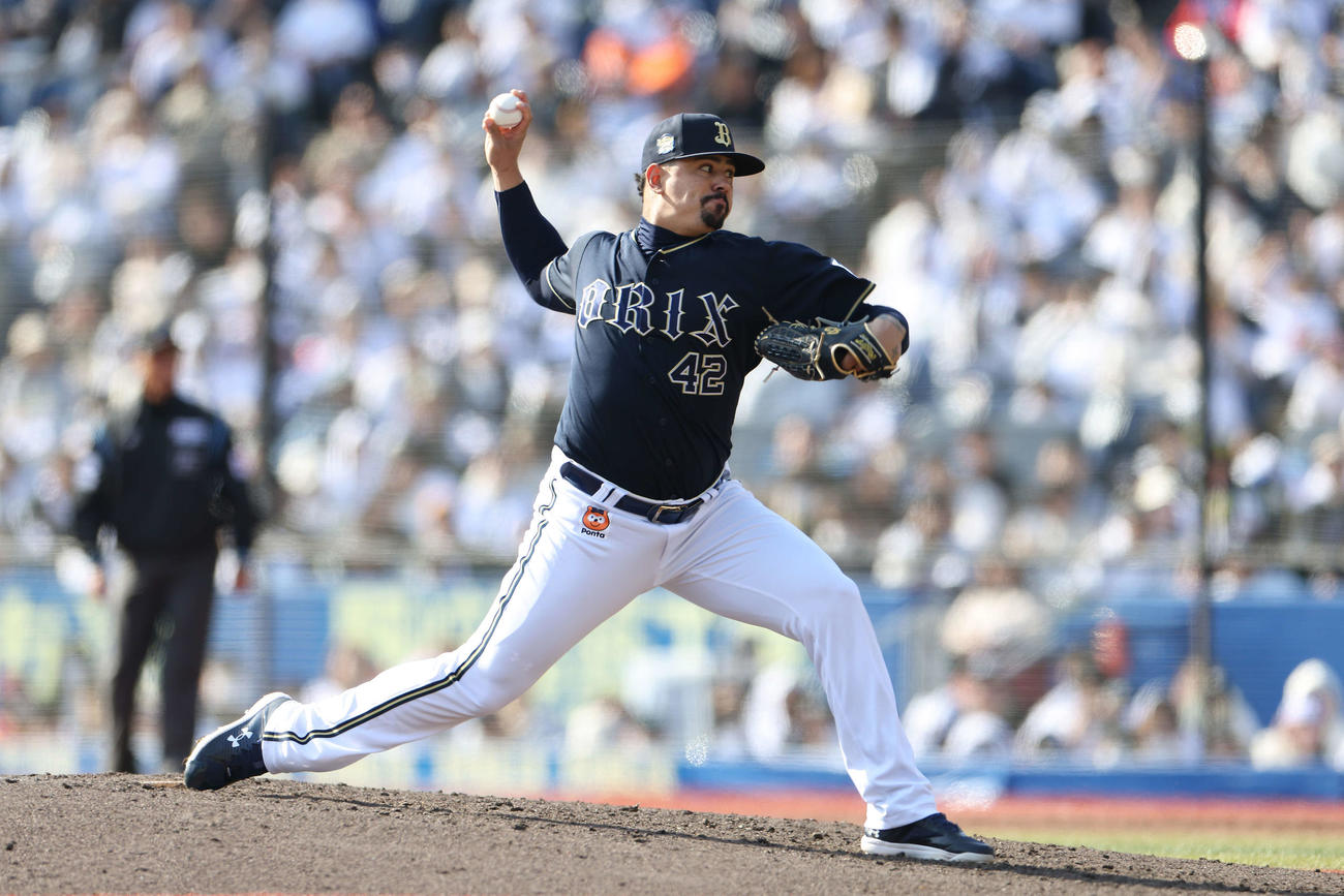 ロッテ対オリックス　7回裏ロッテ2死、オリックス3番手で登板するマチャド（撮影・河田真司）