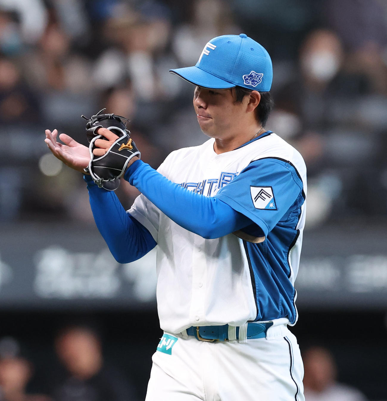 日本ハム対巨人　8回表を無失点に抑えグラブをたたく金村（撮影・佐藤翔太）