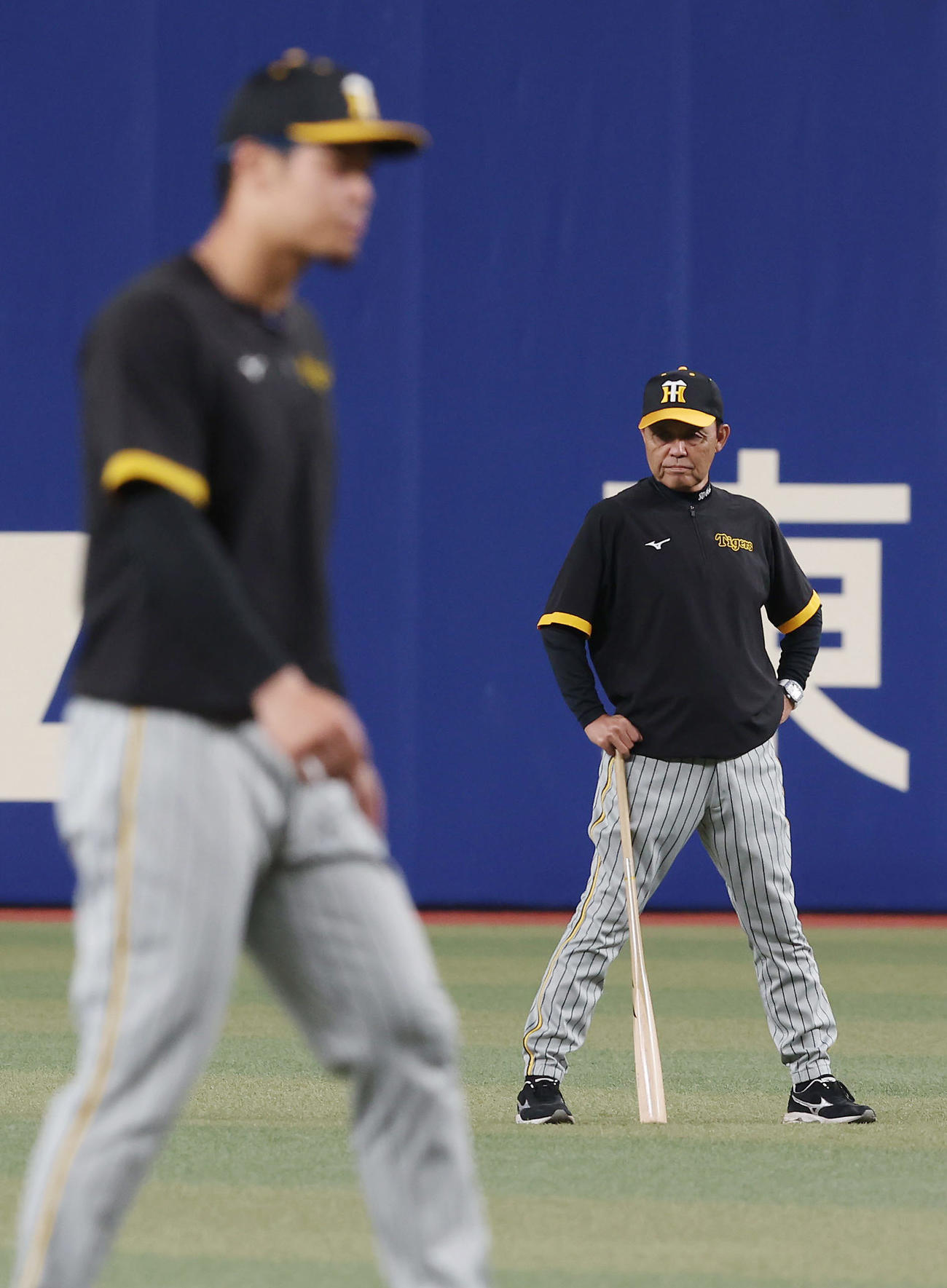中日対阪神　試合前練習を見守る阪神岡田監督。手前は佐藤輝（撮影・前田充）