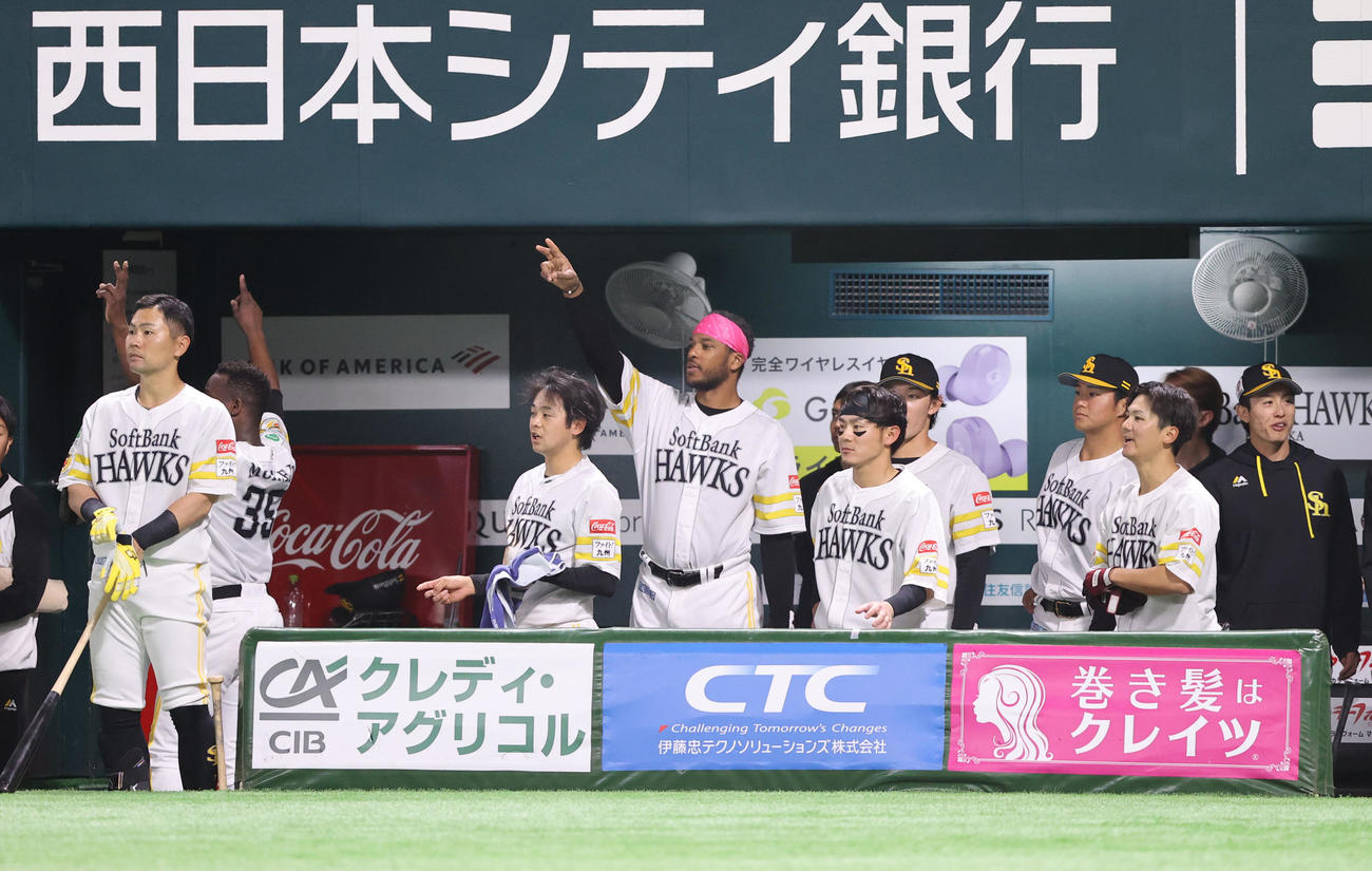 ソフトバンク対西武　3回裏ソフトバンク1死、栗原が右越え本塁打を放ち、盛り上がるナイン（撮影・梅根麻紀）