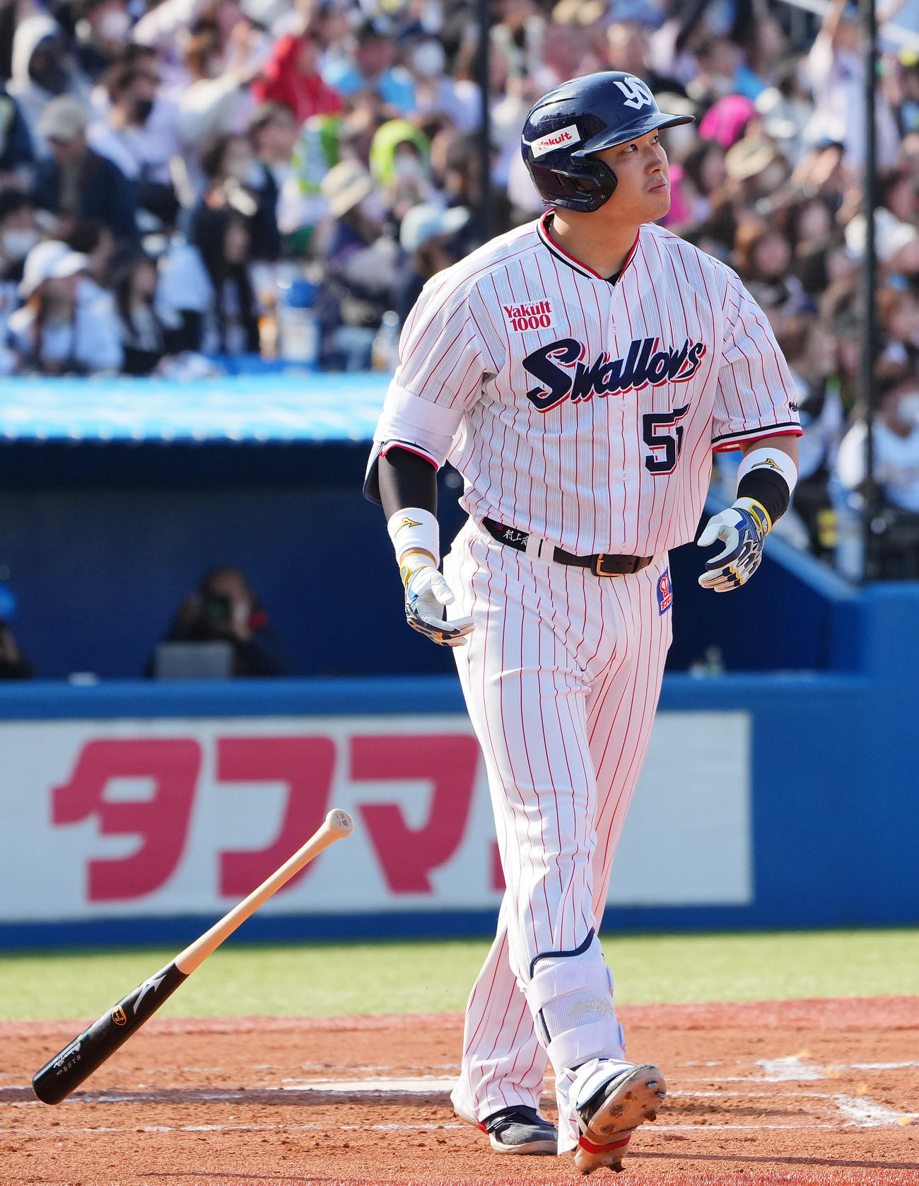 ヤクルト対オリックス　6回裏ヤクルト1死二塁、2点本塁打を放ち打球を見つめながらゆっくりと歩き出す村上（撮影・垰建太）