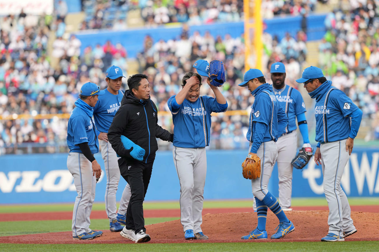 ヤクルト対日本ハム　治療のためベンチに引き揚げる日本ハム福田俊（中央）（撮影・井上学）