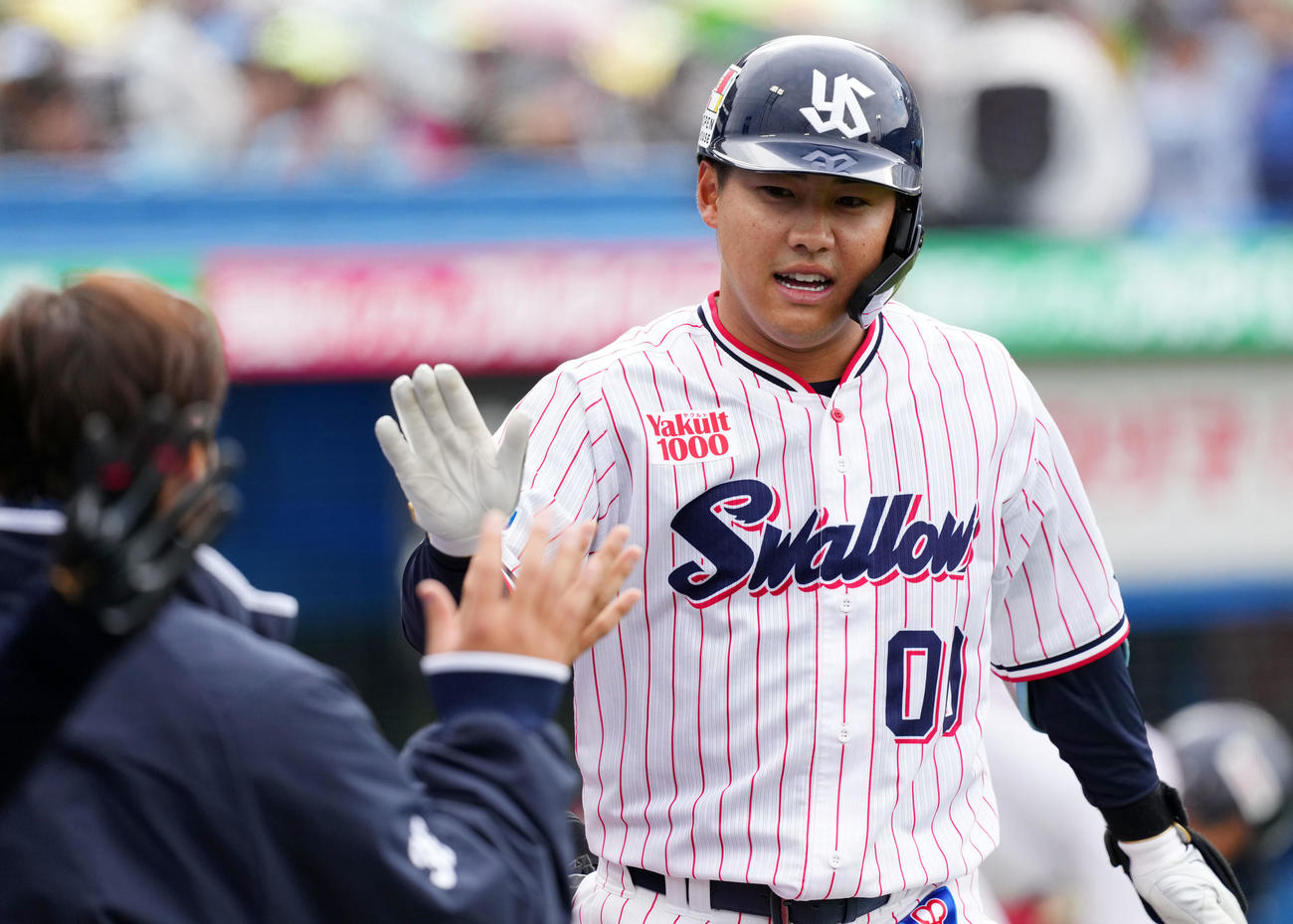 ヤクルト対日本ハム　4回裏ヤクルト1死、左越えソロ本塁打を放ちタッチを交わす赤羽（撮影・横山健太）