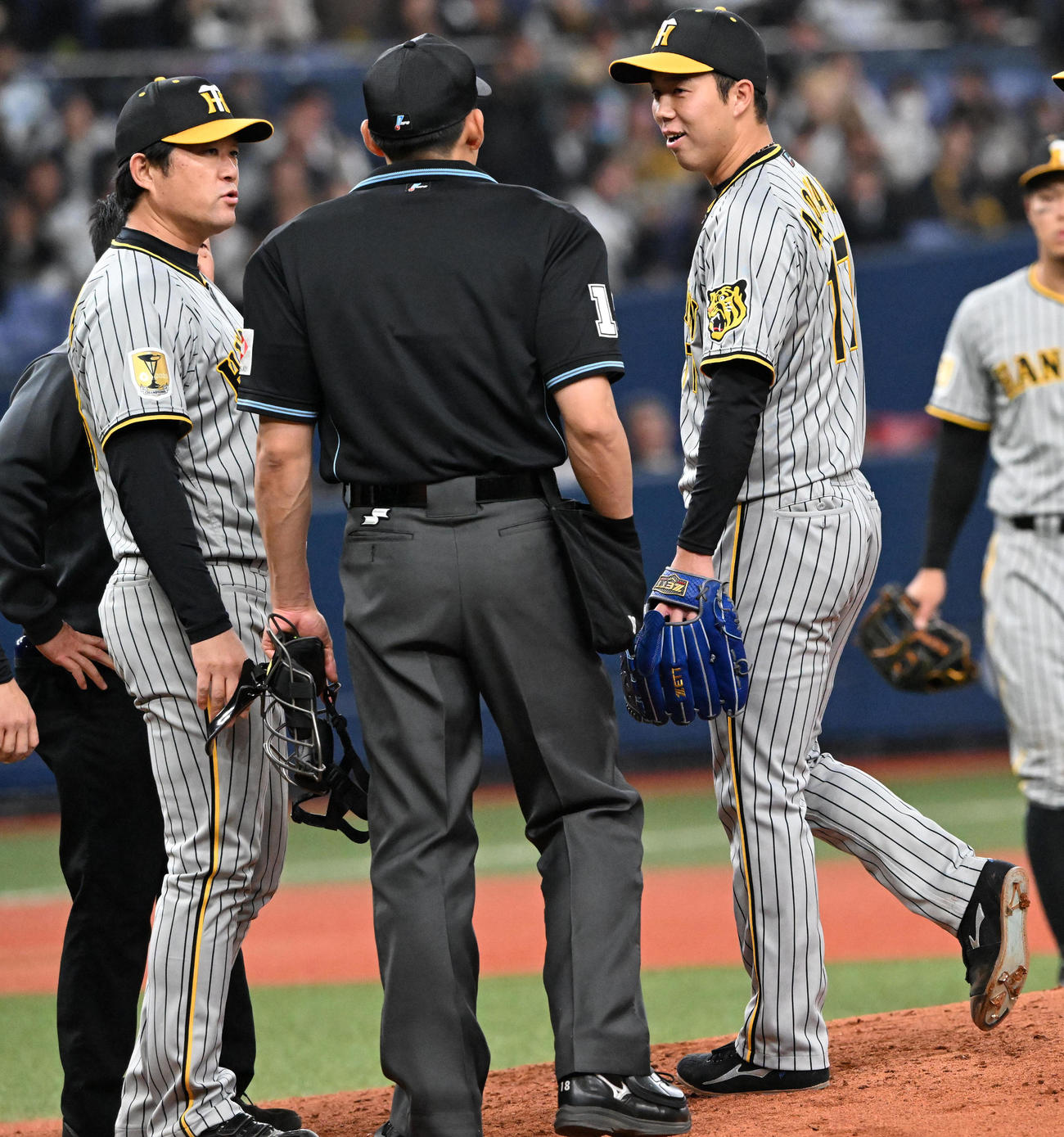 オリックス対阪神　4回、治療のためベンチに戻る青柳（右）（撮影・前岡正明）