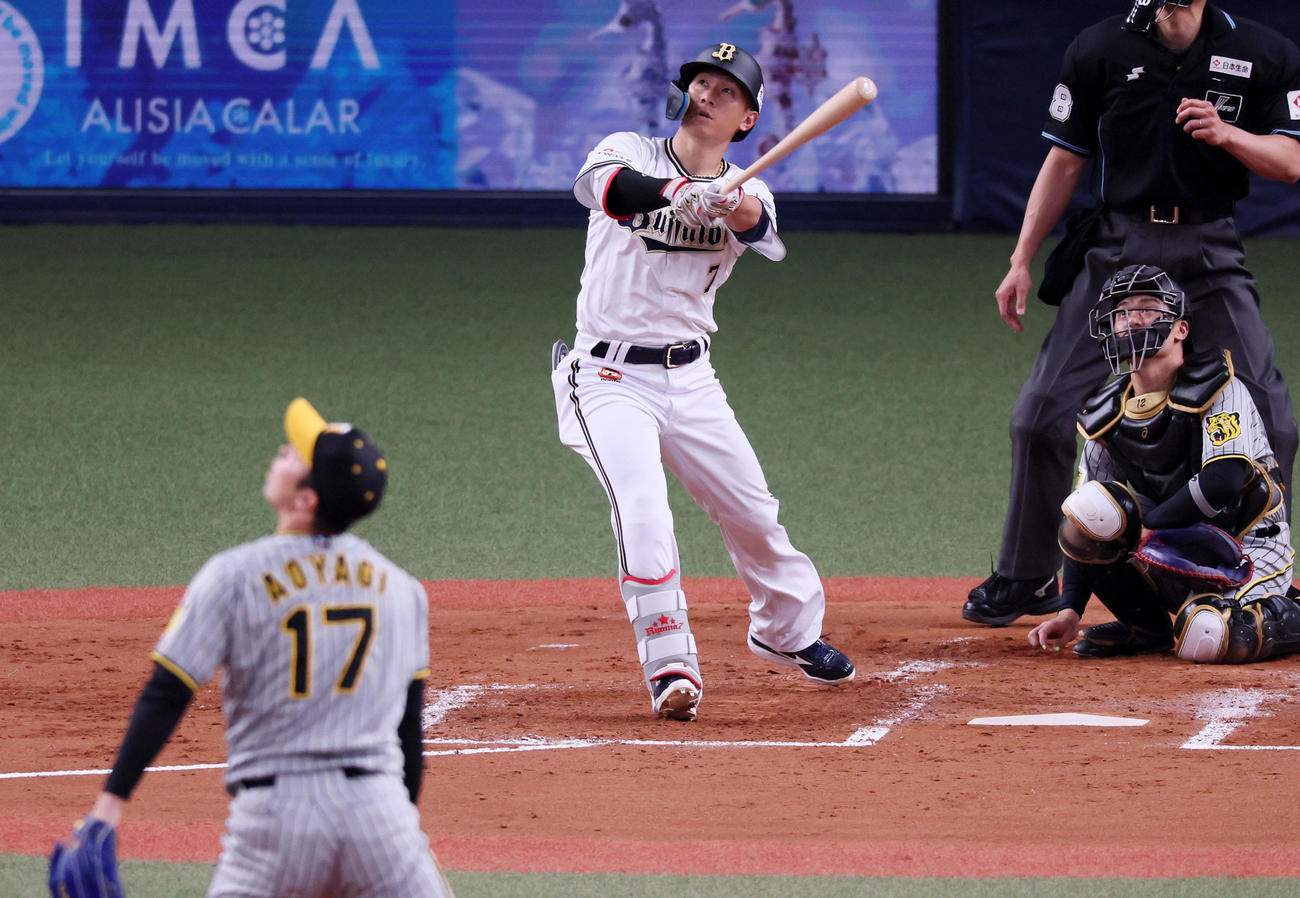 オリックス対阪神　3回裏オリックス無死、西川は右越えソロ本塁打を放つ。投手は青柳（撮影・加藤哉）