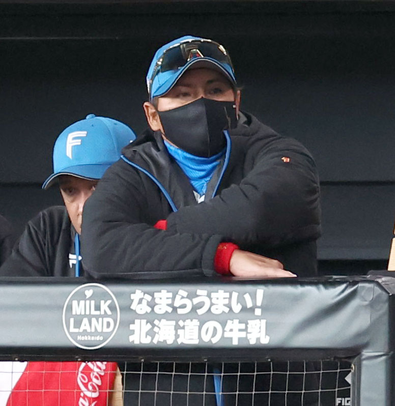 日本ハム対DeNA　ベンチからグラウンドを見つめる日本ハム新庄監督（撮影・佐藤翔太）