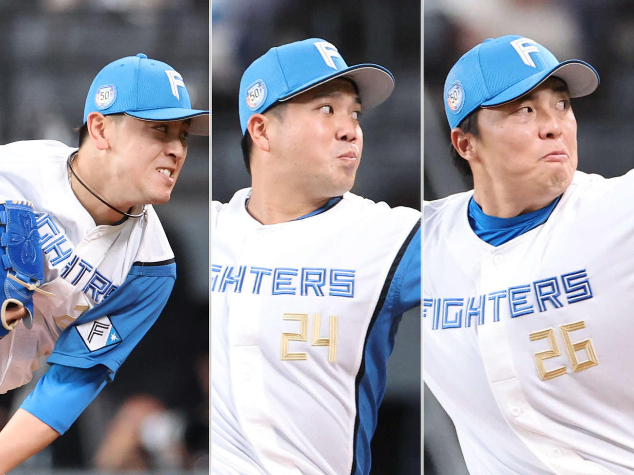 左から日本ハム河野竜生、金村尚真、田中正義