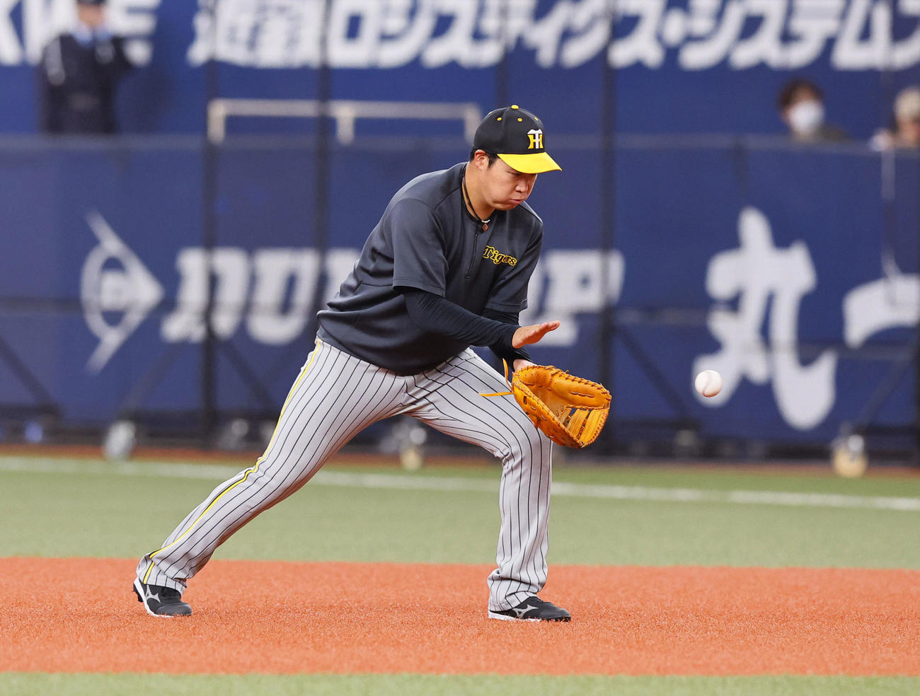 オリックス対阪神　守備練習をする阪神大山（撮影・藤尾明華）