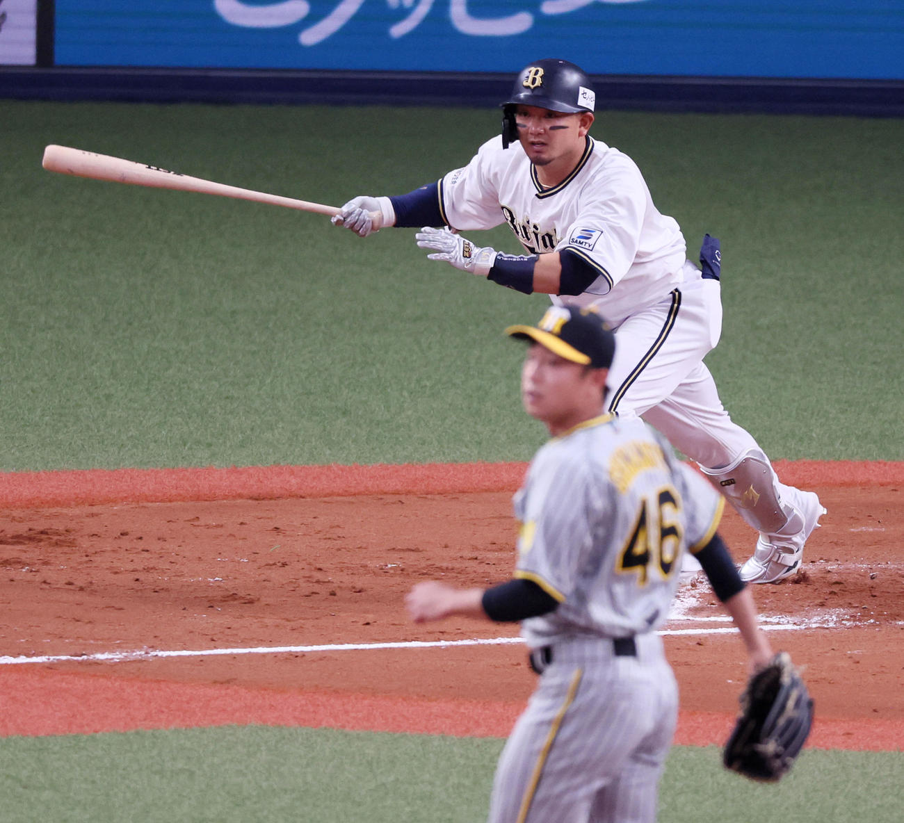 オリックス対阪神　7回裏オリックス1死一塁、森は右前打を放つ。投手は島本（撮影・加藤哉）