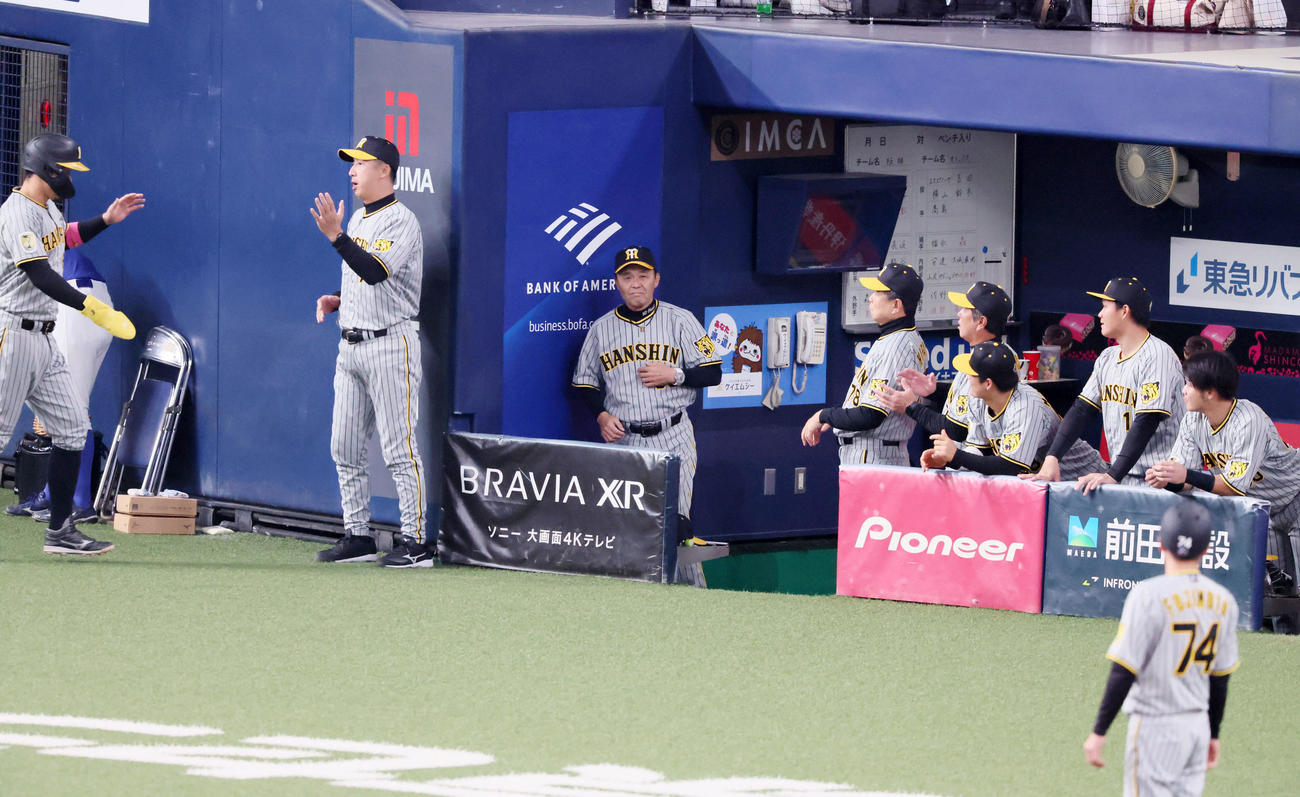 オリックス対阪神　2回表阪神無死一、二塁、原口の右適時打で生還した三塁走者佐藤輝（左）とベンチのカベにひっつく形でサインを出してから出迎える岡田監督（撮影・加藤哉）