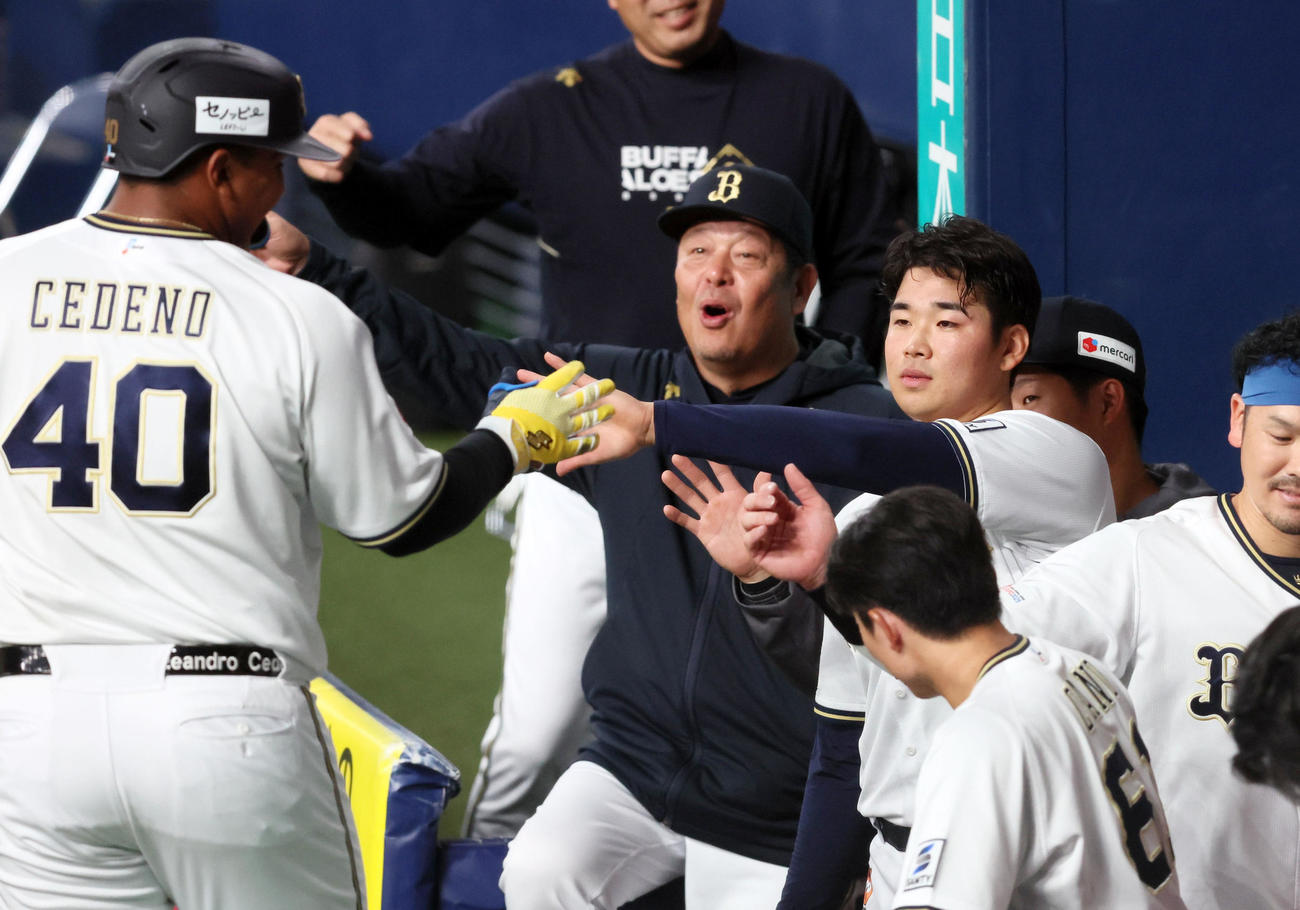 練習試合　オリックス対阪神　2回裏オリックス1死、左越えソロ本塁打を放ったセデーニョ（左）をベンチで迎える山下（撮影・加藤哉）