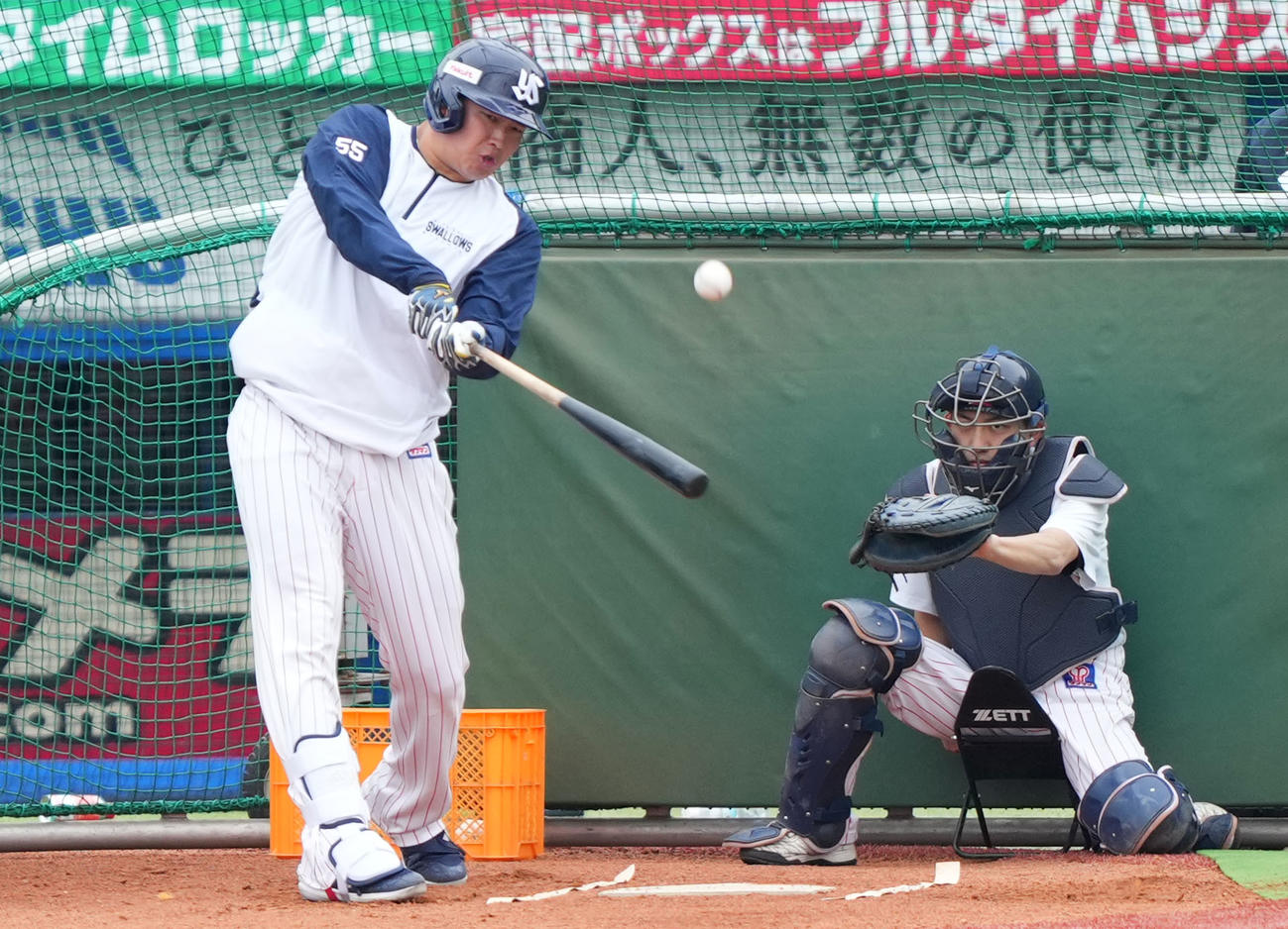 フリー打撃をするヤクルト村上（撮影・横山健太）