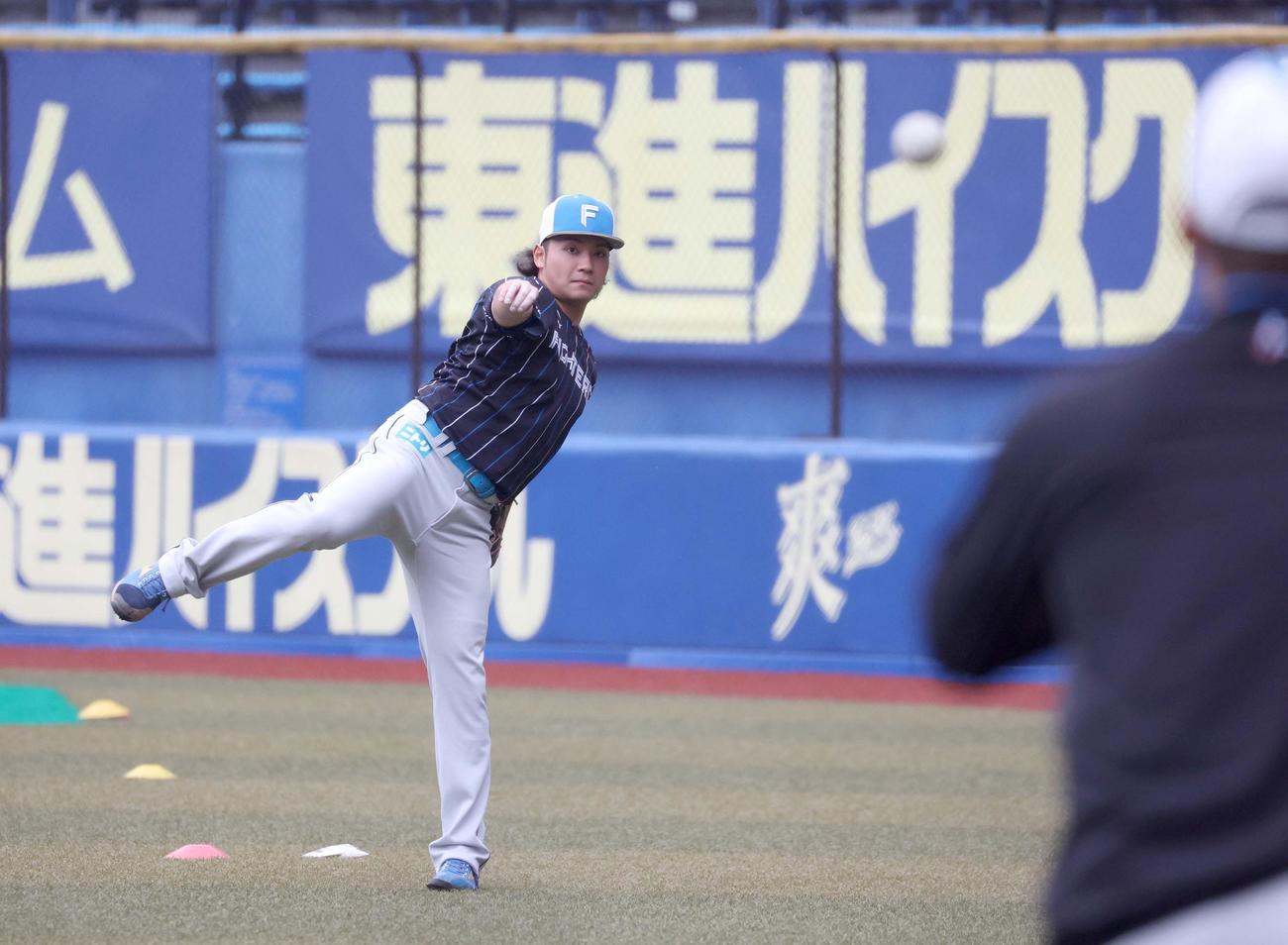 キャッチボールする日本ハム伊藤（撮影・黒川智章）
