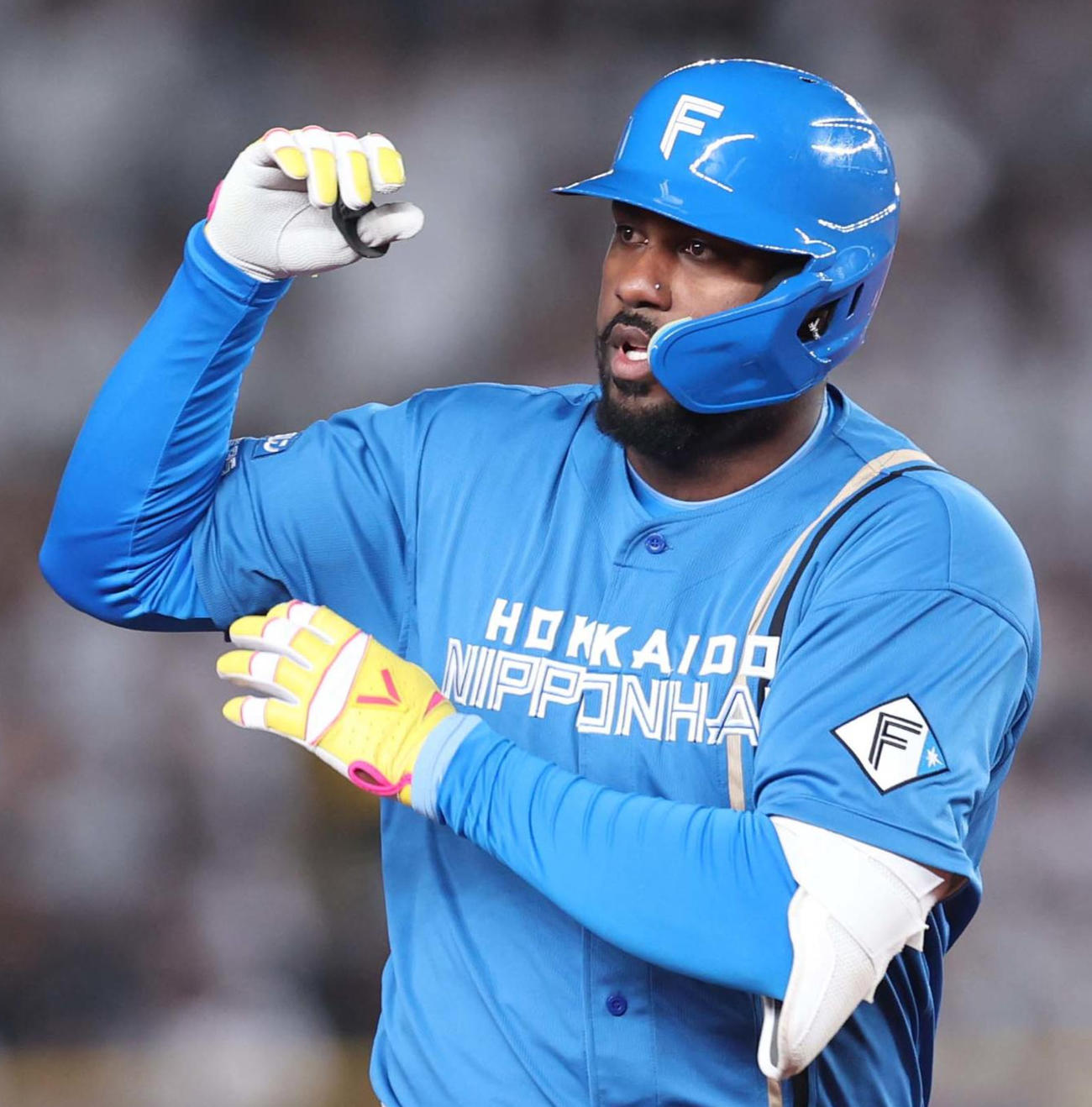 ロッテ対日本ハム　6回表日本ハム2死、左越え本塁打を放ち「バズーカポーズ」のレイエス（撮影・黒川智章）