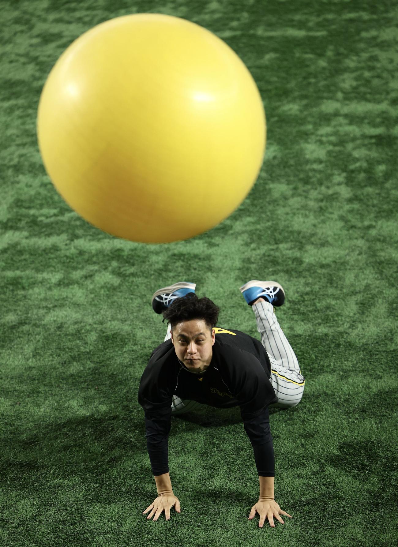 巨人対阪神　試合前、バランスボールを投げる阪神大竹（撮影・河田真司）