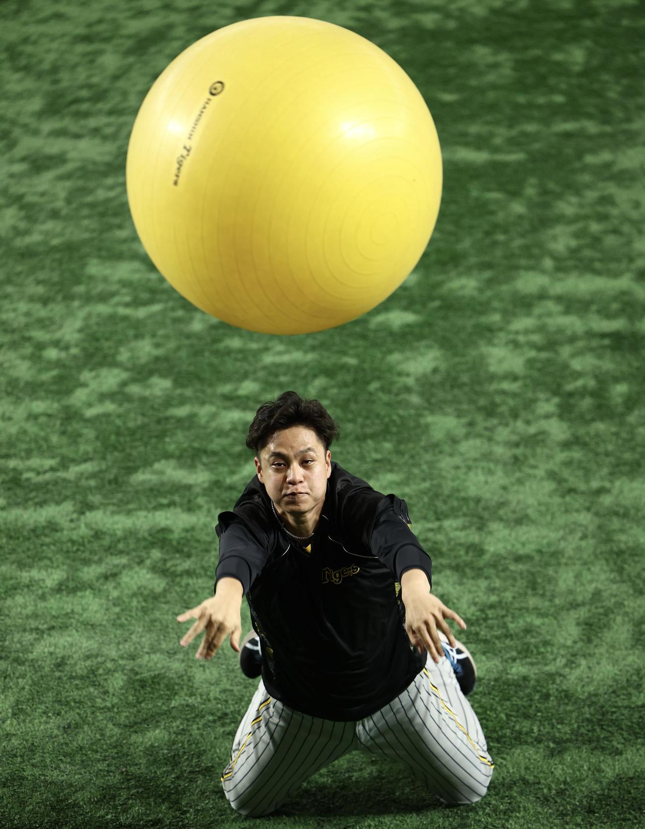 巨人対阪神　試合前、バランスボールを投げる阪神大竹（撮影・河田真司）